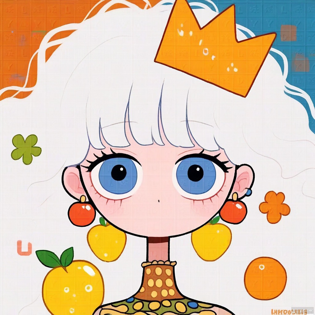 1girl, solo, long hair, looking at viewer, bangs, blue eyes, jewelry, upper body, white hair, earrings, food, artist name, fruit, crown, orange \(fruit\), lemon
