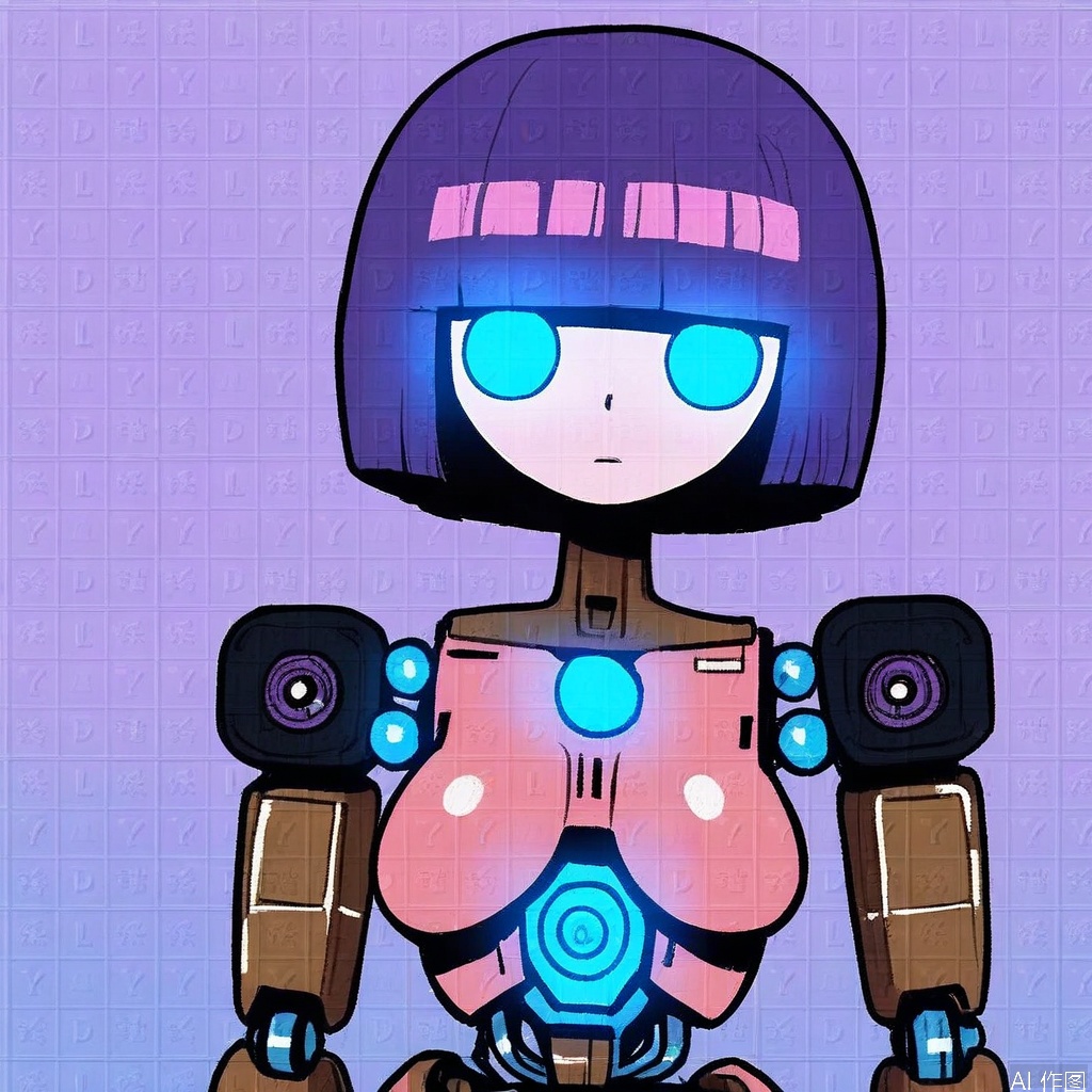 1girl, solo, breasts, looking at viewer, short hair, bangs, blue eyes, medium breasts, upper body, pink hair, purple hair, blunt bangs, glowing, bob cut, robot, science fiction, android, joints, robot joints, mechanical parts, humanoid robot