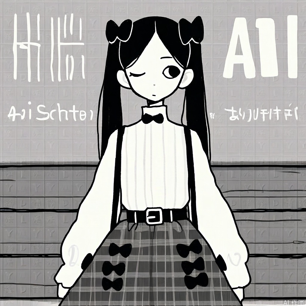 The image depicts a young girl with long, straight hair tied into twin ponytails, each adorned with black bows and white feathers. She is wearing a white long-sleeve top and a plaid skirt with a large belt buckle. The background consists of a wooden bench, and the overall color scheme is grayscale with subtle shading. The girl has a neutral expression, with one eye colored red and the other blue, giving her a distinctive appearance. The image is signed in the bottom right corner with the text "A.I. 画师" in stylized characters.