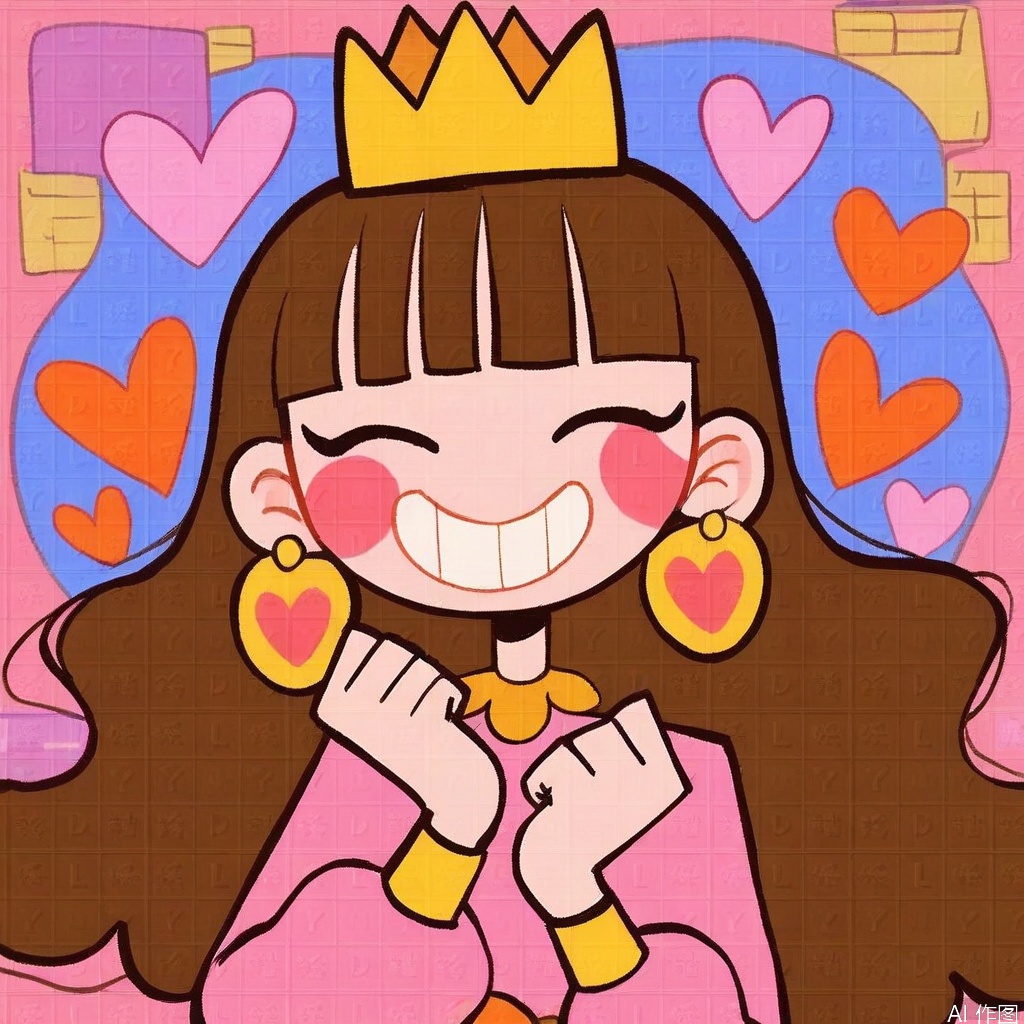 1girl, solo, long hair, smile, bangs, brown hair, long sleeves, dress, jewelry, closed eyes, upper body, heart, earrings, blunt bangs, grin, hands up, blush stickers, crown, pink dress