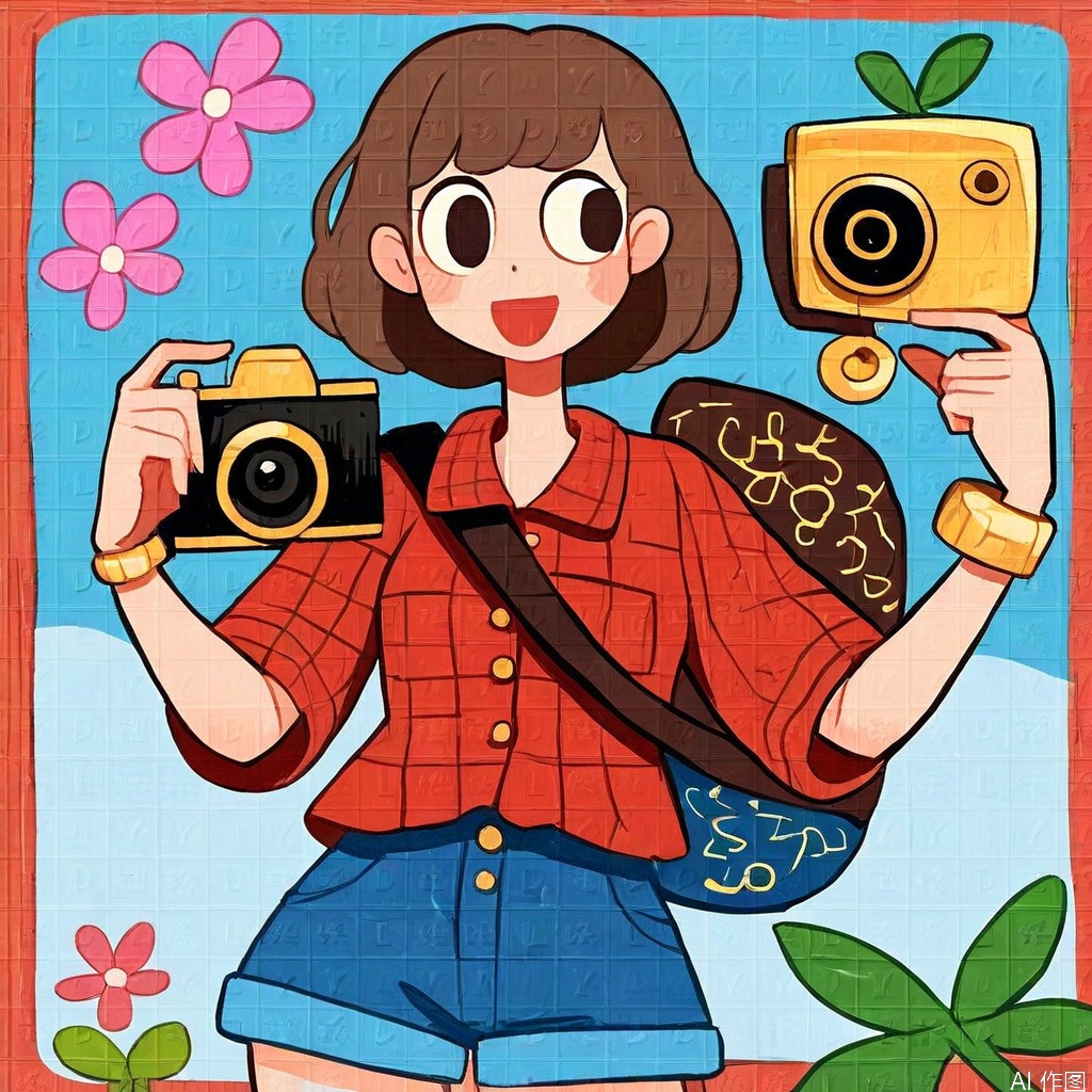 The image depicts a young woman with brown hair styled in loose waves, wearing a red plaid shirt and blue denim shorts. She is holding a camera, which is positioned in front of her chest, suggesting she is about to take a photograph. Her outfit is accessorized with a gold bracelet on her left wrist, a gold ring on her right hand, and a brown crossbody bag slung over her right shoulder. The background consists of a light blue sky, with green leaves and pink flowers surrounding her, creating a vibrant and cheerful atmosphere. The overall style of the image is cartoonish, with bold outlines and bright colors.