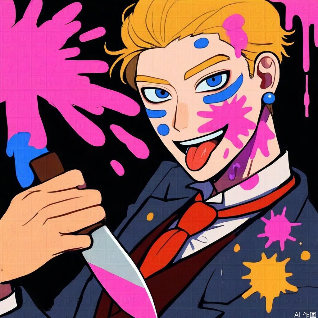 solo, looking at viewer, smile, open mouth, blue eyes, blonde hair, 1boy, holding, jewelry, weapon, male focus, earrings, necktie, tongue, tongue out, facial mark, formal, suit, knife, red necktie, black background, pink blood, paint splatter on face