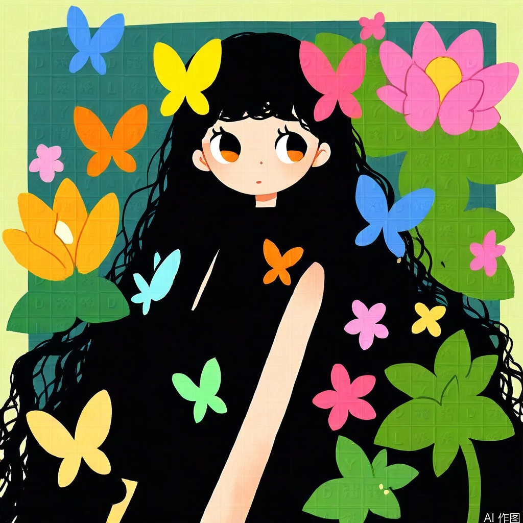 The image depicts a young girl with long black hair adorned with colorful butterflies and flowers. She is wearing a black outfit with a distinctive butterfly pin on her chest. Surrounding her are vibrant green leaves and blooming flowers, including a prominent pink lotus and a yellow flower. The background features a lush, green forest scene with a variety of butterflies in different colors, such as blue, orange, and pink, flying around the girl. The overall atmosphere is serene and natural, with a focus on the girl and the surrounding flora.