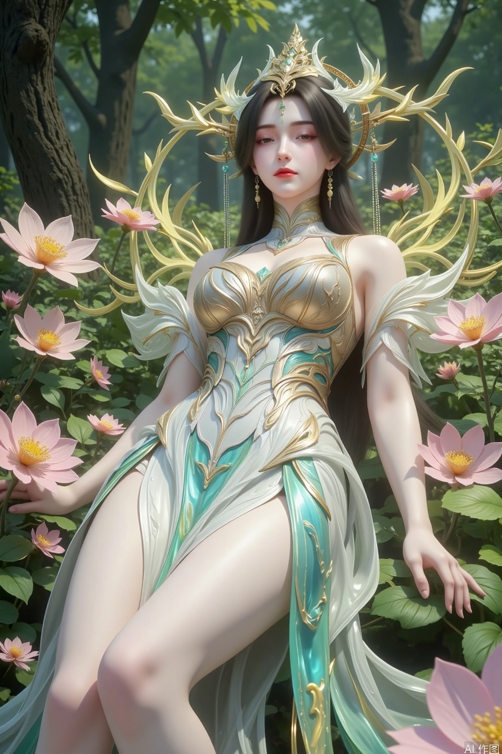 The Willow God,  in her human form,  lies gracefully amidst a sea of dreamlike flowers. Her form is that of a lithe and be...