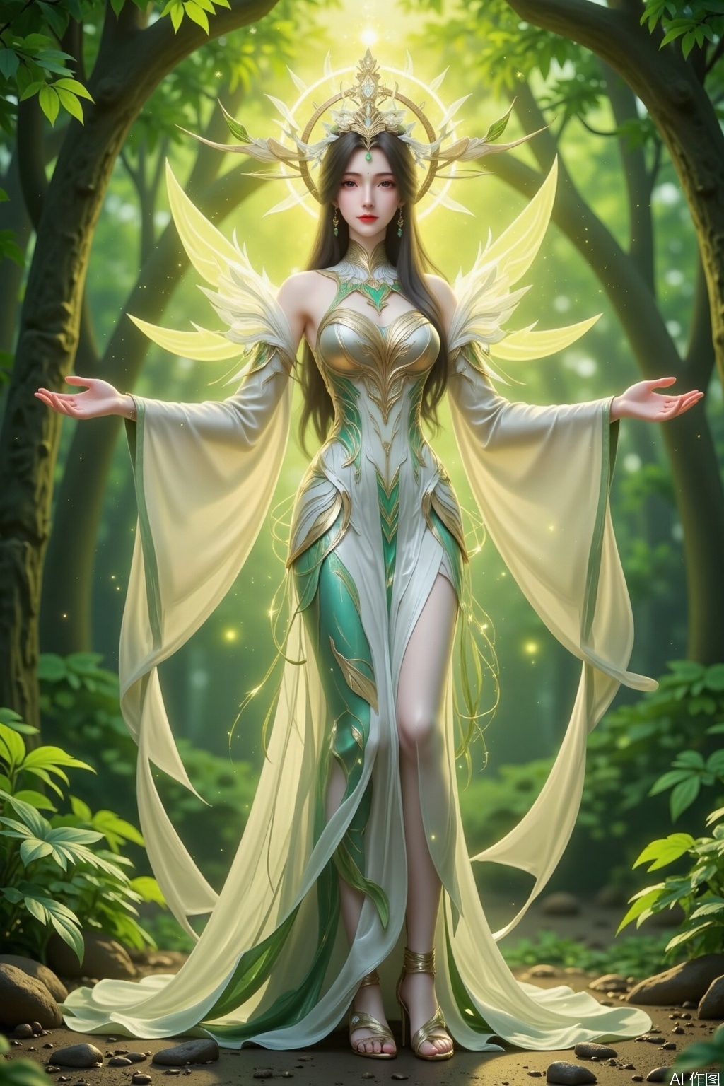 The image depicts a fantastical character standing in a lush,  green forest. The character is adorned in an elegant,  flow...