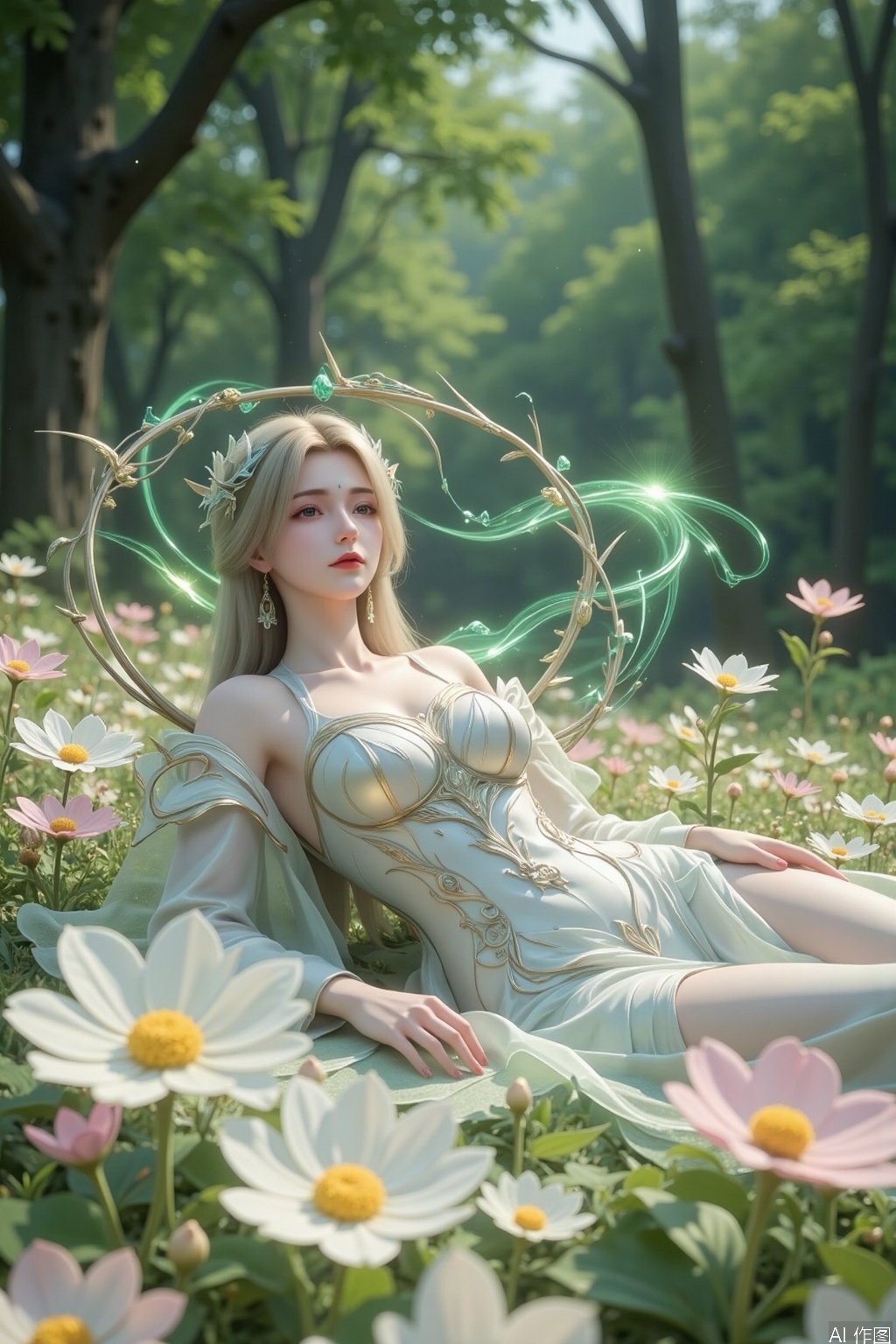 The Willow God,  in her human form,  lies gracefully amidst a sea of dreamlike flowers. Her form is that of a lithe and be...
