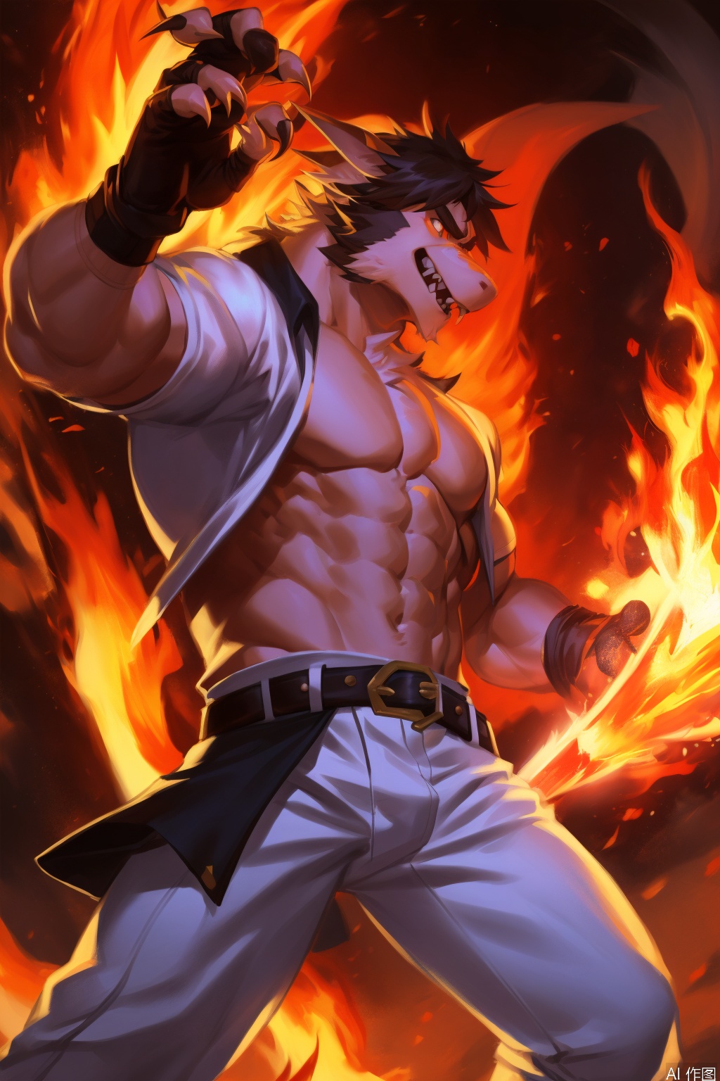 solo, short hair, shirt, gloves, dragon furry,1boy,solo, holding, animal ears,fire tail, weapon, male focus, open clothes, teeth, belt, pants, fingerless gloves, muscular, fire, pectorals, muscular male, bara, claws, furry, fighting stance, white pants, furry male,character:WuXuan(holy)