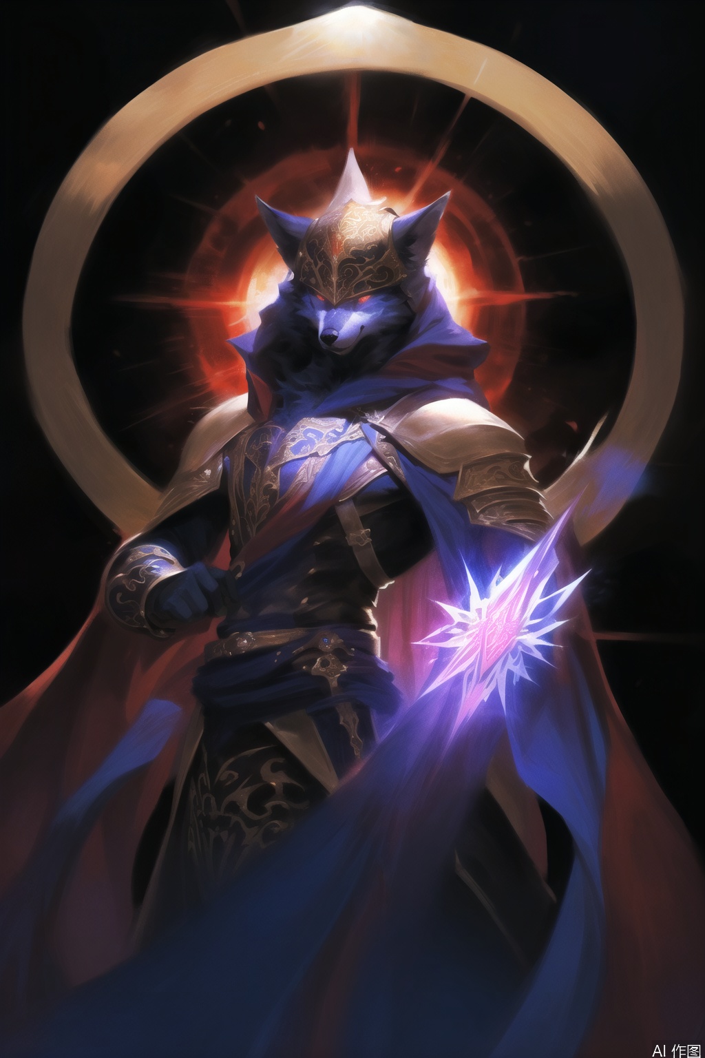 The image depicts a fantasy character with a wolf-like appearance, standing against a black background. The character is adorned in elaborate armor with intricate designs, primarily in shades of blue and gold. The armor features circular red accents on the chest and arms, and the character wields a staff with a twisted, ornate design. The character also has a flowing purple cape and is holding a smaller, similarly styled object in one hand. The character's face is partially obscured by a helmet, and there is a swirling, glowing effect emanating from the character's left hand. The overall aesthetic is highly detailed and fantastical, with a focus on mystical and powerful elements.wolf furry,SVG FURRY