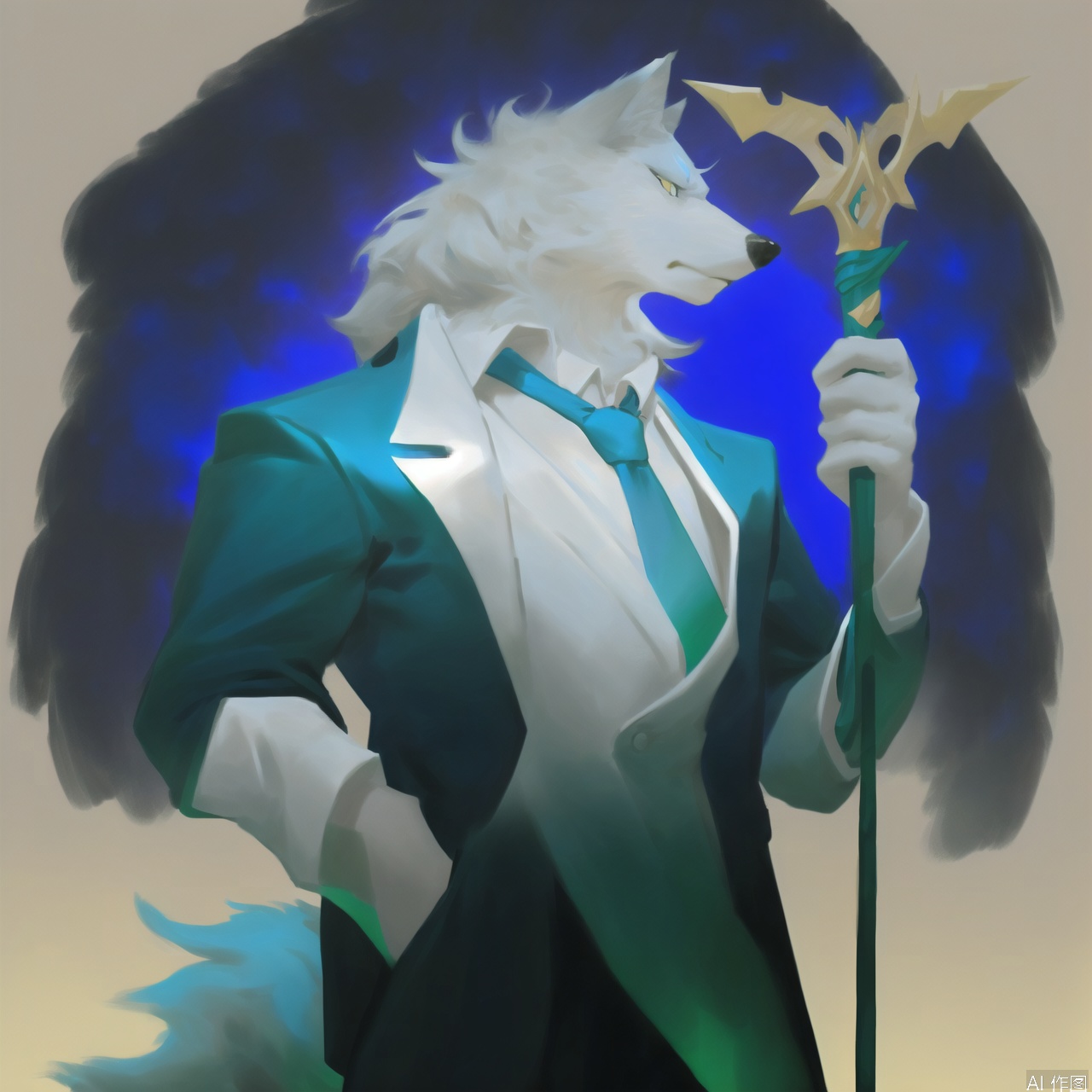 The image depicts a stylized anthropomorphic wolf character with blue fur and white hair. The wolf is wearing a formal outfit consisting of a dark suit, a light-colored dress shirt, and a tie. The background is a gradient of light yellow and white, creating a warm and neutral backdrop. The wolf has a serious expression, with its eyes looking slightly downward. There is a green sword or staff behind the wolf, adding a sense of purpose or authority to the character. The overall style is reminiscent of digital art, with clean lines and vibrant colors.wolf furry,SVG FURRY