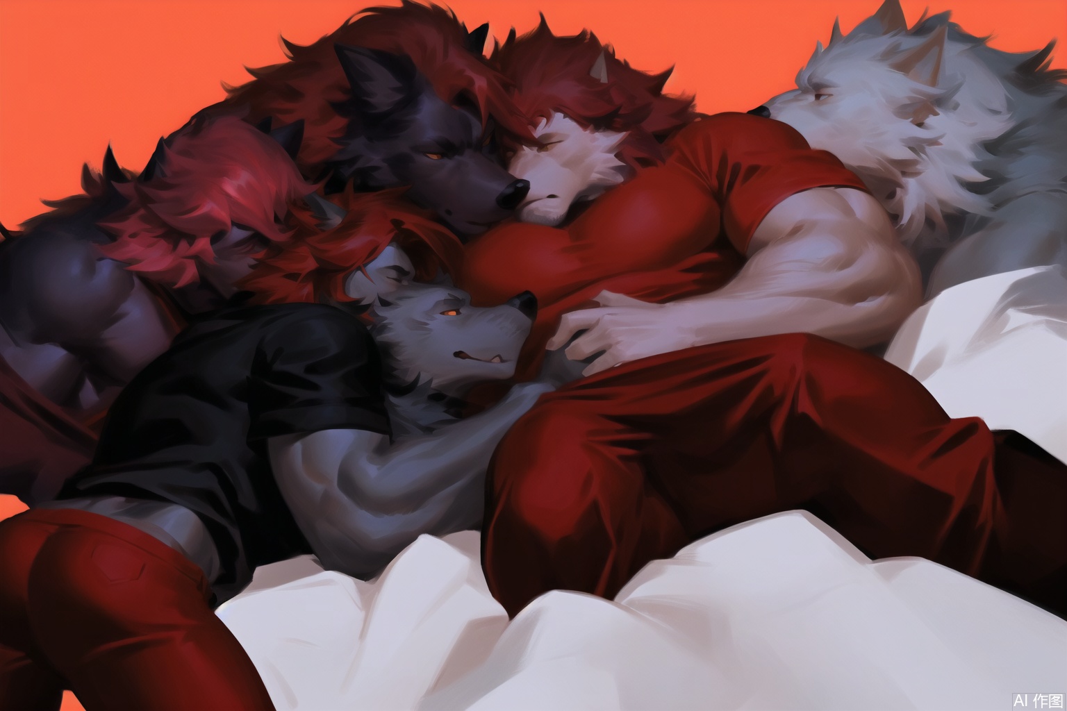 The image depicts a muscular man lying down, surrounded by three large wolves. The man has a red mohawk and is wearing a gray shirt and red pants. The wolves are gray with white accents, and they appear to be cuddling around the man. The background is dark, with a red hue that contrasts with the wolves and the man. SVG FURRY,furry