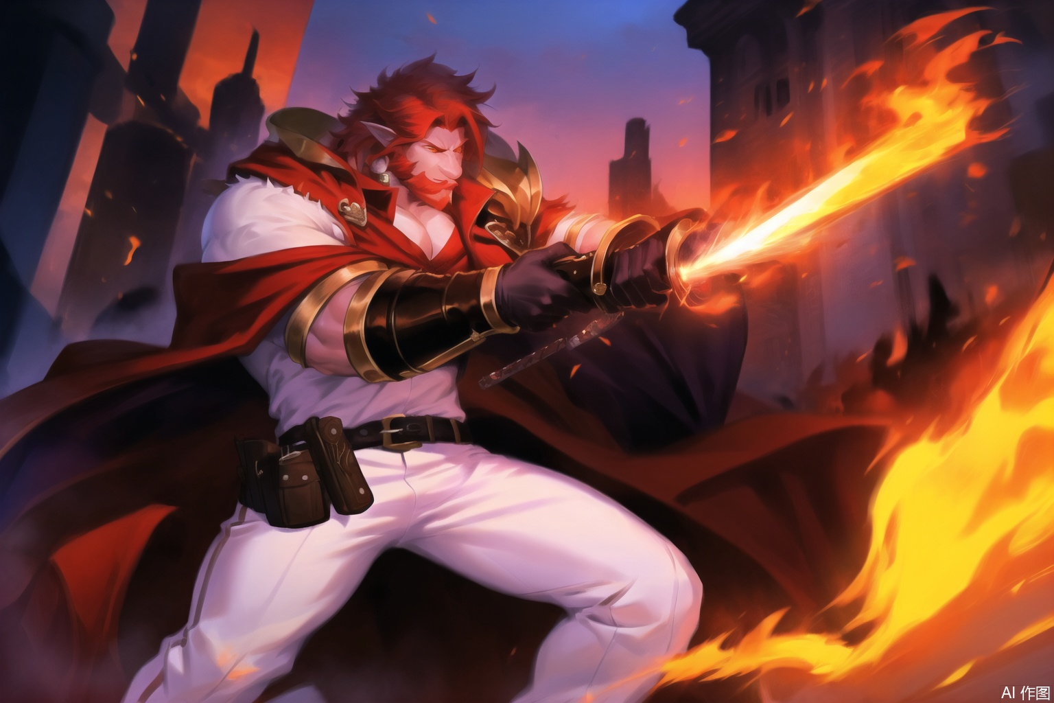 short hair, shirt, gloves, 1boy, holding, jewelry, weapon, male focus, red hair, belt, pants, holding weapon, armor, coat, gun, muscular, facial hair, ring, fire, muscular male, furry, white pants, red cape, over shoulder, weapon over shoulder,dragon boy,fire dragon,SVG FURRY,furry