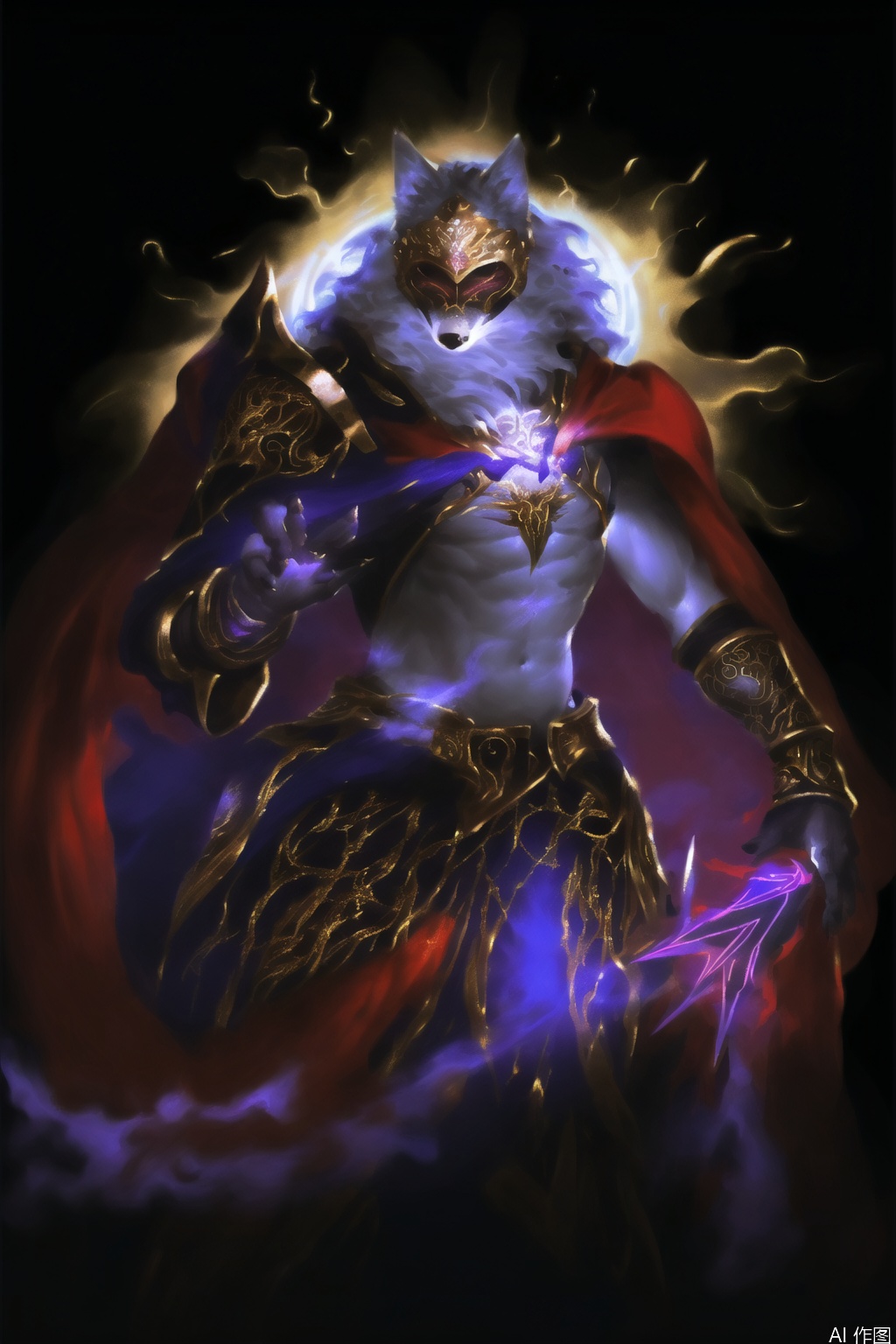 The image depicts a fantasy character with a wolf-like appearance, standing against a black background. The character is adorned in elaborate armor with intricate designs, primarily in shades of blue and gold. The armor features circular red accents on the chest and arms, and the character wields a staff with a twisted, ornate design. The character also has a flowing purple cape and is holding a smaller, similarly styled object in one hand. The character's face is partially obscured by a helmet, and there is a swirling, glowing effect emanating from the character's left hand. The overall aesthetic is highly detailed and fantastical, with a focus on mystical and powerful elements.wolf furry,SVG FURRY