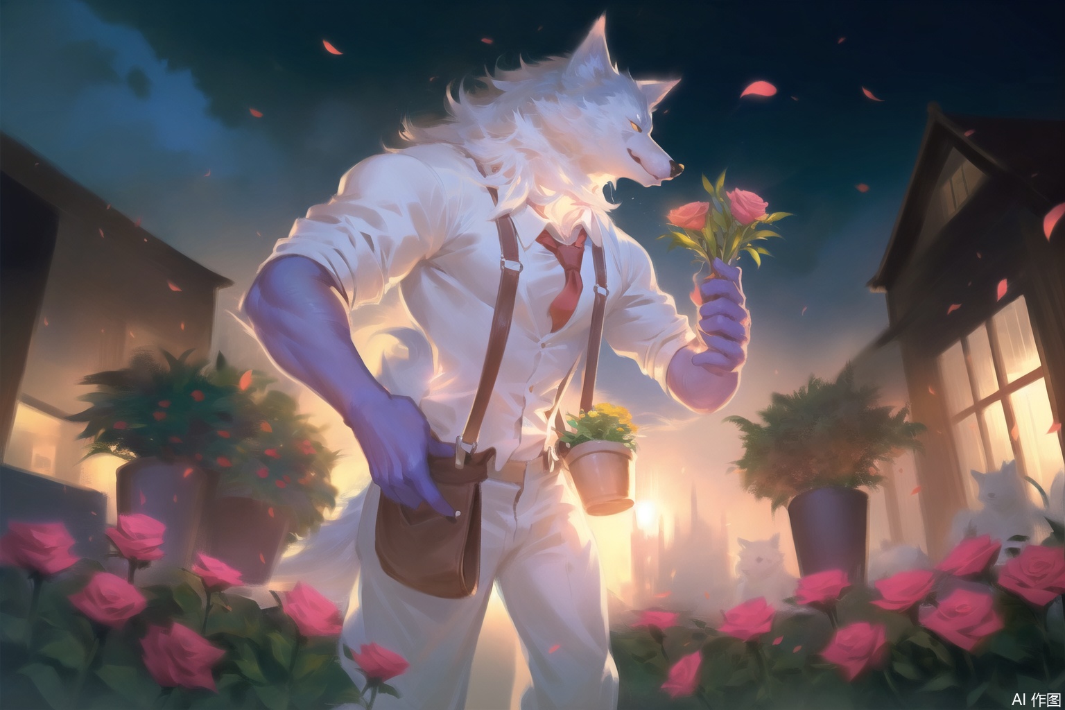 The image depicts a muscular anthropomorphic wolf-like creature wearing a white shirt, suspenders, and a tie. It is holding a bouquet of pink roses in its left hand and has its right hand extended, seemingly summoning or gesturing. The creature is surrounded by vibrant flowers, greenery, and a background that includes a building with potted plants and a garden setting. There are also some abstract, colorful elements like petals and a faint, glowing effect around the creature's right hand. The overall scene has a whimsical and fantasy-like atmosphere.SVG FURRY,furry