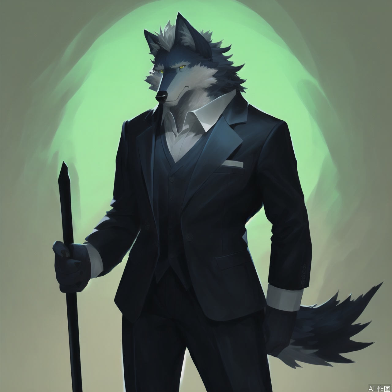 The image depicts a stylized anthropomorphic wolf character with blue fur and white hair. The wolf is wearing a formal outfit consisting of a dark suit, a light-colored dress shirt, and a tie. The background is a gradient of light yellow and white, creating a warm and neutral backdrop. The wolf has a serious expression, with its eyes looking slightly downward. There is a green sword or staff behind the wolf, adding a sense of purpose or authority to the character. The overall style is reminiscent of digital art, with clean lines and vibrant colors.wolf furry,SVG FURRY