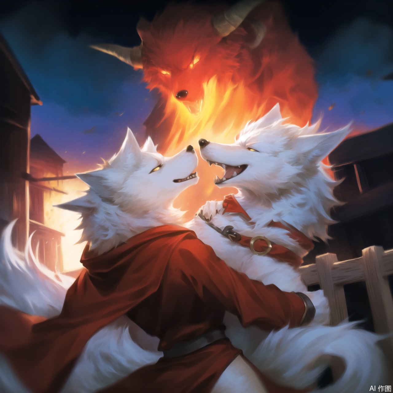 The image depicts a scene of two anthropomorphic wolf-like creatures engaged in a physical altercation. The larger wolf, with a gray and red coat, appears to be overpowering the smaller wolf, which has a tan and white coat with a horn-like structure on its head. The larger wolf is shown with its mouth open, baring its teeth, and appears to be biting or grabbing the smaller wolf's neck. The smaller wolf looks defensive, with its mouth open in a defensive gesture. The background is blurred, suggesting an outdoor setting with some greenery and wooden structures, possibly a fence or a building. The scene is dynamic and intense, capturing a moment of conflict between the two characters.SVG FURRY,furry