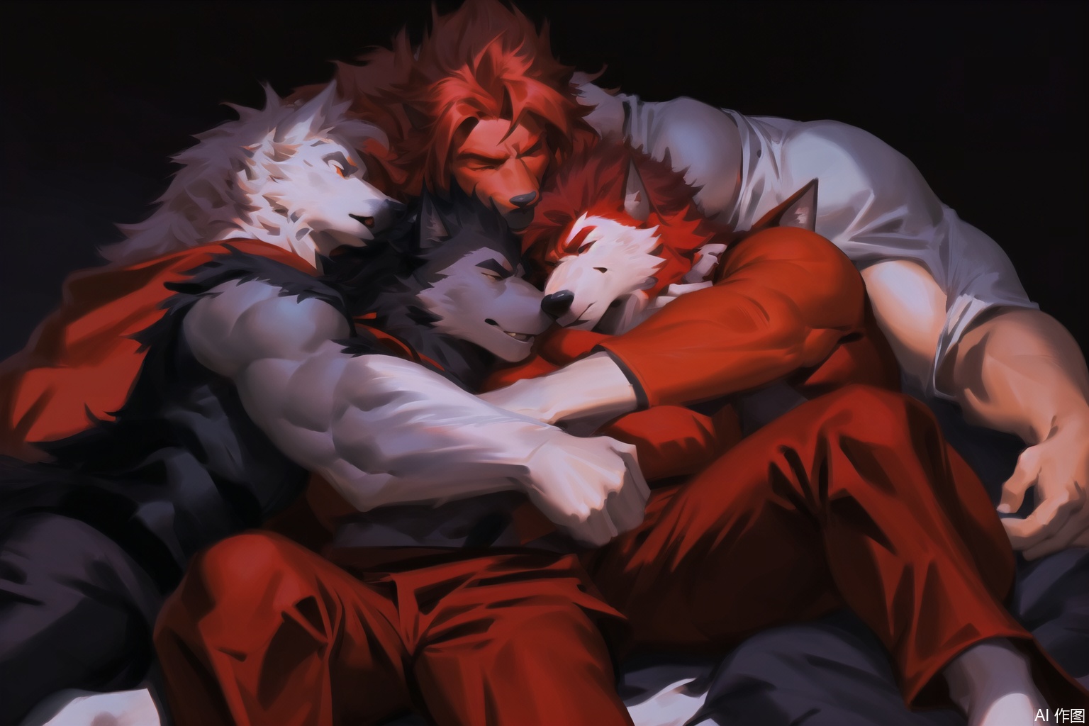 The image depicts a muscular man lying down, surrounded by three large wolves. The man has a red mohawk and is wearing a gray shirt and red pants. The wolves are gray with white accents, and they appear to be cuddling around the man. The background is dark, with a red hue that contrasts with the wolves and the man. SVG FURRY,furry