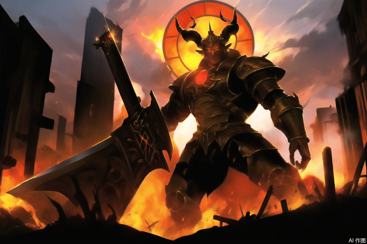The image depicts a large, armored figure standing in a dramatic, fiery environment. The character is clad in intricate, futuristic armor with a predominantly black and red color scheme, accented with gold details. The armor is adorned with various mechanical and weaponry components, including a large sword and a futuristic firearm. The figure's helmet is similarly detailed, featuring glowing yellow eyes and a horn-like protrusion.

In the background, there is a grand, ornate structure with a large, circular stained-glass window, casting a warm, golden light over the scene. The environment appears to be a battlefield or a war-torn city, with flames and smoke rising in the background, adding to the intense atmosphere. The character's stance and the surrounding elements suggest readiness for combat or a significant event.SVG FURRY,furry