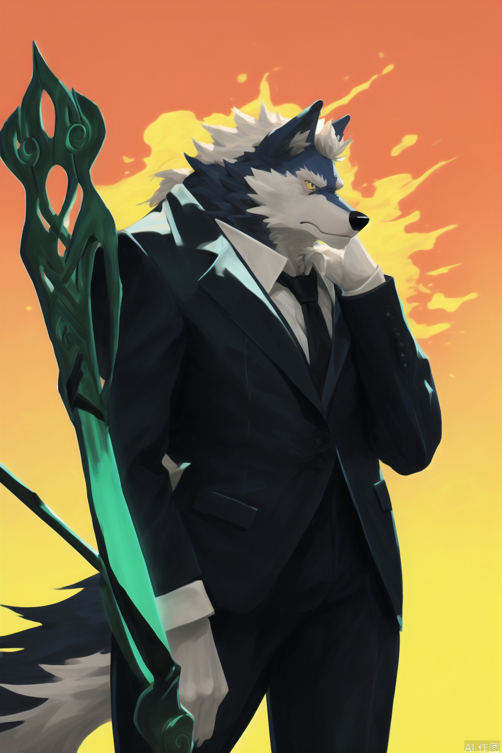 The image depicts a stylized anthropomorphic wolf character with blue fur and white hair. The wolf is wearing a formal outfit consisting of a dark suit, a light-colored dress shirt, and a tie. The background is a gradient of light yellow and white, creating a warm and neutral backdrop. The wolf has a serious expression, with its eyes looking slightly downward. There is a green sword or staff behind the wolf, adding a sense of purpose or authority to the character. The overall style is reminiscent of digital art, with clean lines and vibrant colors.wolf furry,SVG FURRY