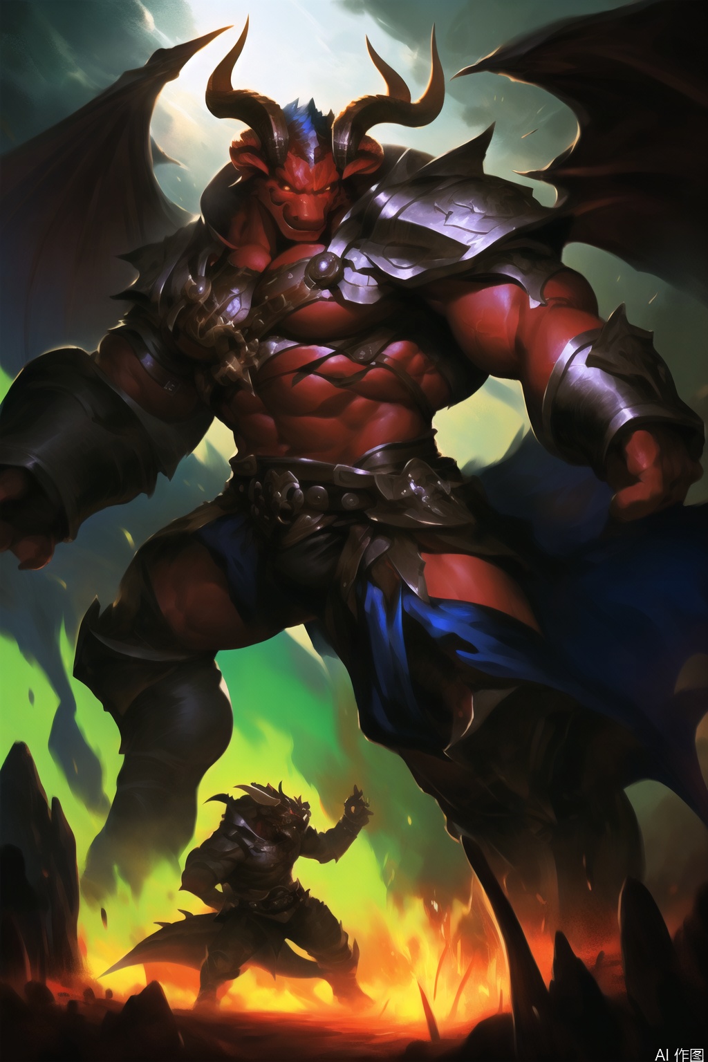 The image depicts a fantasy character standing on a rocky surface. The character has a muscular build, with red skin and large, curved horns protruding from their head. They are wearing a dark, armored outfit with intricate designs and a belt adorned with a large, glowing gemstone. The character's right arm is extended forward, and they appear to be wielding a weapon. The background features a vibrant, glowing green atmosphere with faint silhouettes of other figures or creatures, suggesting a fantastical or battle-ready environment. The overall scene has a dynamic and intense feel, with dramatic lighting and vivid colors enhancing the character's imposing presence.furry,dragon furry,demon dragon,SVG FURRY