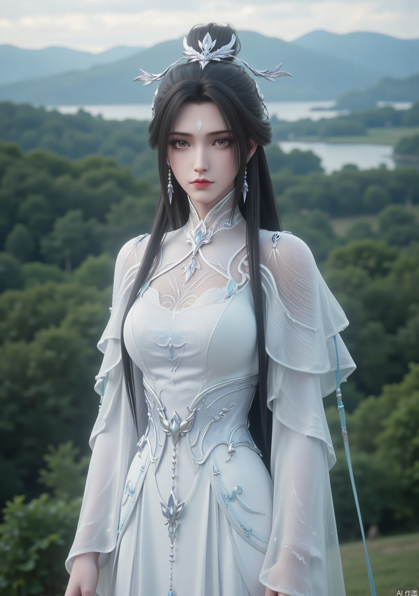 "This image describes a very delicate and elegant woman with black and long hair, with a delicate silver headdress, the center of the headdress is decorated like a star or floral pattern and a white mark on her forehead.

He wore a flowing and complex high-neck dress, which was mainly white with subtle blue embellishments, giving it a quiet and ethereal appearance. His body aesthetics are very artistic and fantasy-inspired, focusing on elegance and beauty.

The background is lush forests and the mountains and rivers in the distance, and the overall picture gives people a fresh, natural, fashionable and sexy feeling.