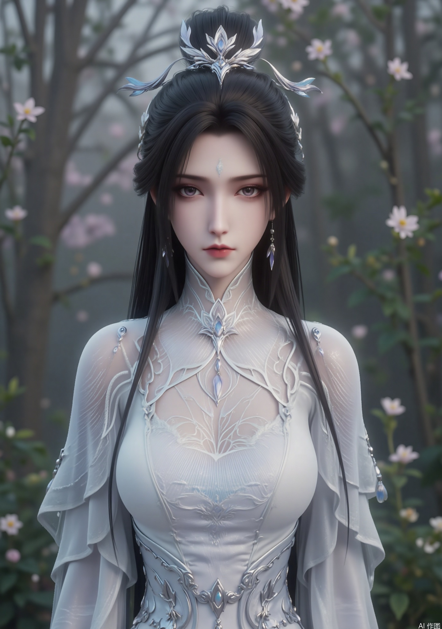 "This image describes a very delicate and elegant woman with black and long hair, with a delicate silver headdress, the center of the headdress is decorated like a star or floral pattern and a white mark on her forehead.

He wore a flowing and complex high-necked skirt, which was mainly white with subtle blue embellishments, giving it a quiet and ethereal appearance. His body aesthetic is very artistic and fantasy-inspired, focusing on elegance and beauty."

The background is intertwined with light and shadow, creating an ancient atmosphere of aesthetic and elegant style, as if showing the moving scene of ancient beauties in the flowers.
