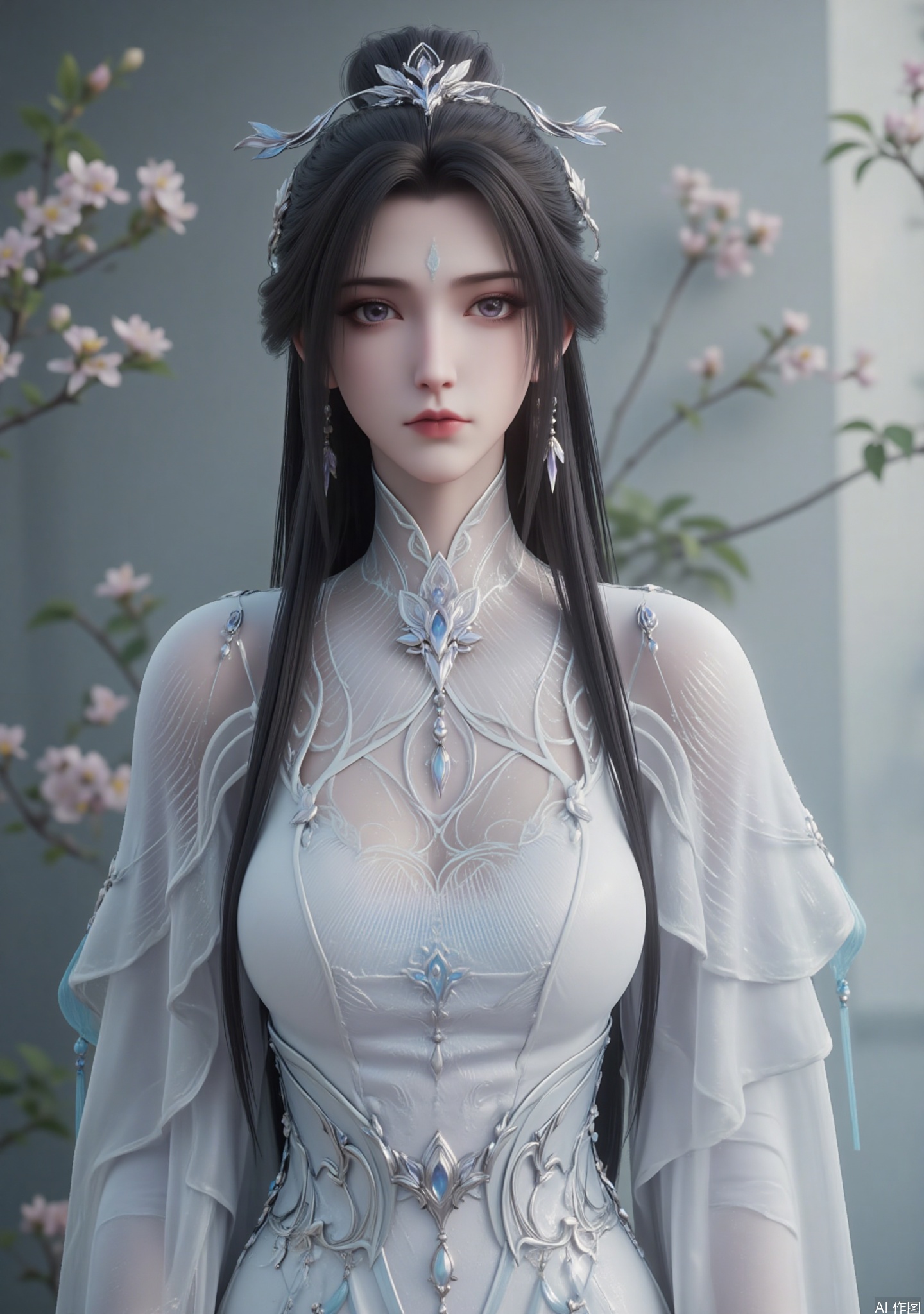 "This image describes a very delicate and elegant woman with black and long hair, with a delicate silver headdress, the center of the headdress is decorated like a star or floral pattern and a white mark on her forehead.

He wore a flowing and complex high-necked skirt, which was mainly white with subtle blue embellishments, giving it a quiet and ethereal appearance. His body aesthetic is very artistic and fantasy-inspired, focusing on elegance and beauty."

The background is intertwined with light and shadow, creating an ancient atmosphere of aesthetic and elegant style, as if showing the moving scene of ancient beauties in the flowers.