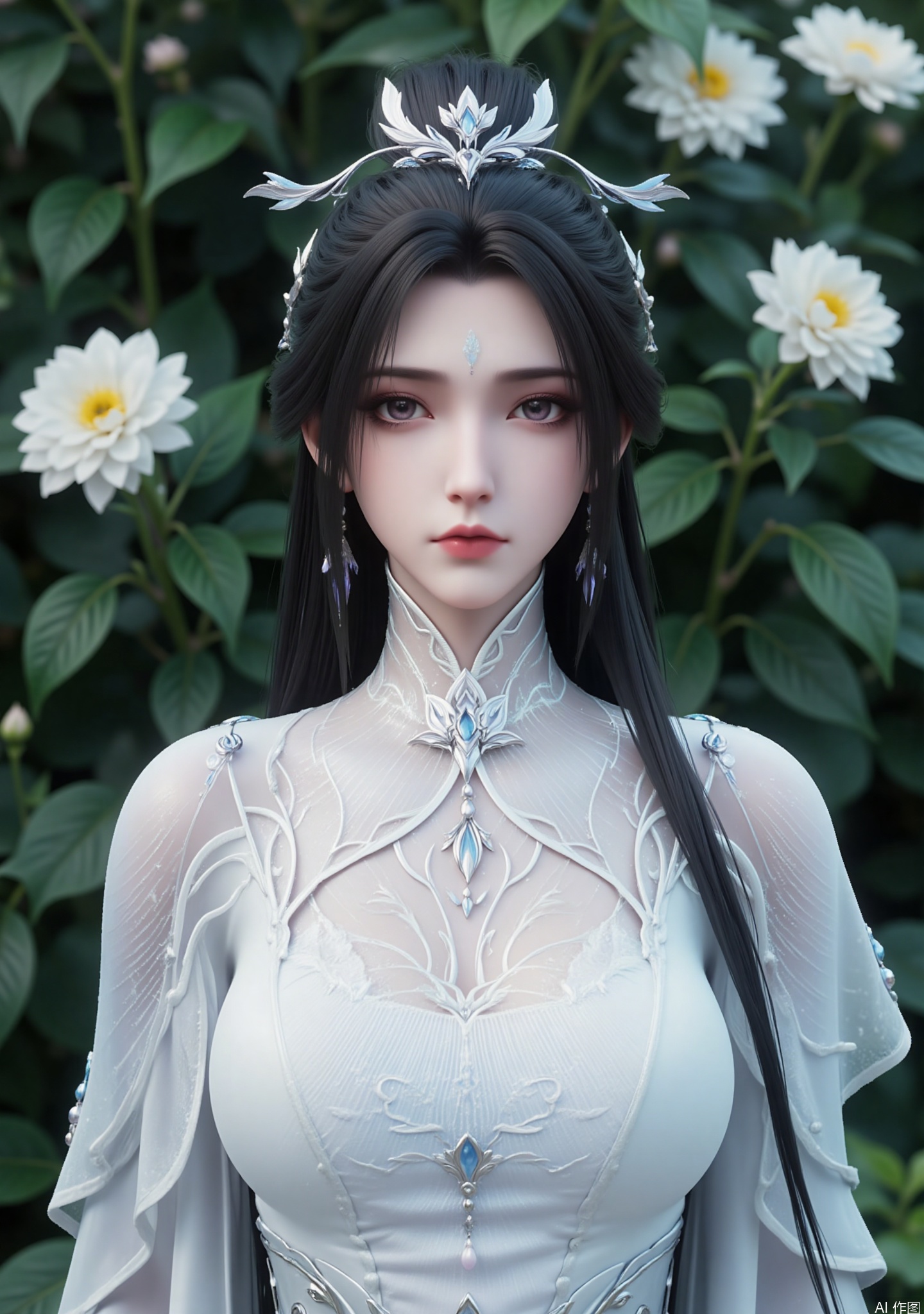 This image depicts a very meticulous and elegant character wearing elegant and complex costumes. The character wears a delicate silver headdress with the decoration in the center resembles a star or floral pattern. The clothing is mainly white with subtle blue accents, giving it a quiet and ethereal look. The characters' hair is long and black, pouring down from their shoulders, and they wear a turtleneck outfit with ornate patterns including swirl designs and floral patterns. The overall aesthetic is very artistic and inspired by fantasy, focusing on elegance and beauty

The background features lush green leaves and layered white flowers to create a peaceful and picturesque environment. The overall composition exudes elegance and timeless beauty