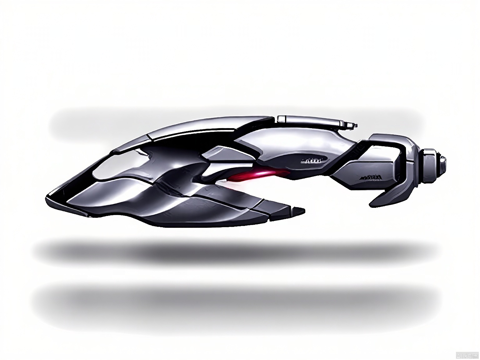 QXL, A digital illustration of a futuristic, sleek, silver and black handgun with a glowing red laser sight. The gun has a smooth, streamlined design with a prominent barrel and a grip that tapers to a point. The background is a gradient from dark gray at the top to light gray at the bottom. The gun is depicted in profile, showing the side and front. The style is clean and polished, with a sci-fi aesthetic. The image is centered, with the gun casting a subtle shadow below it.