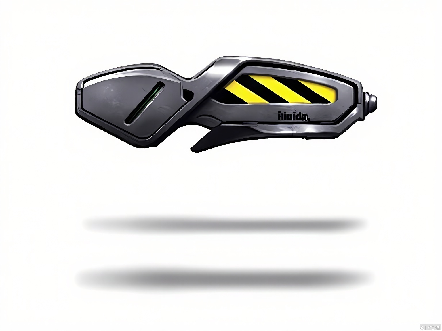 QXL, Photograph of a futuristic, high-tech gun with a sleek, metallic design. The gun has a dark grey color with black accents and a yellow and black caution stripe on the side. It features a textured grip with ergonomic contours and a trigger mechanism. The barrel is prominently displayed with a glowing green light near the trigger. The background is a gradient of grey, giving a sense of depth. The gun is designed with a modern, sci-fi aesthetic, and the "Thunder 1000" label is visible on the side.