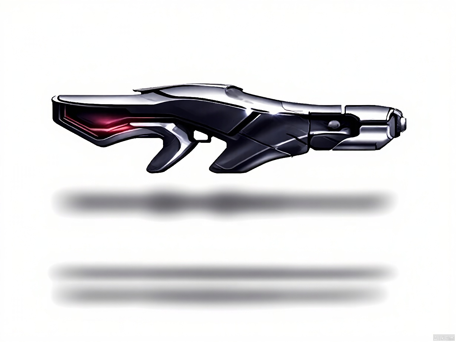 QXL, A high-quality digital illustration of a futuristic, sci-fi weapon, resembling a handgun. The weapon has a sleek, metallic design with a black grip and silver accents. It features a long barrel with a red tip, suggesting it's a laser or energy-based weapon. The background is a gradient from light grey to white, giving a sense of depth. The image has a smooth, polished look with a shadow underneath the weapon. The weapon is angled slightly to the right, showing off its design.