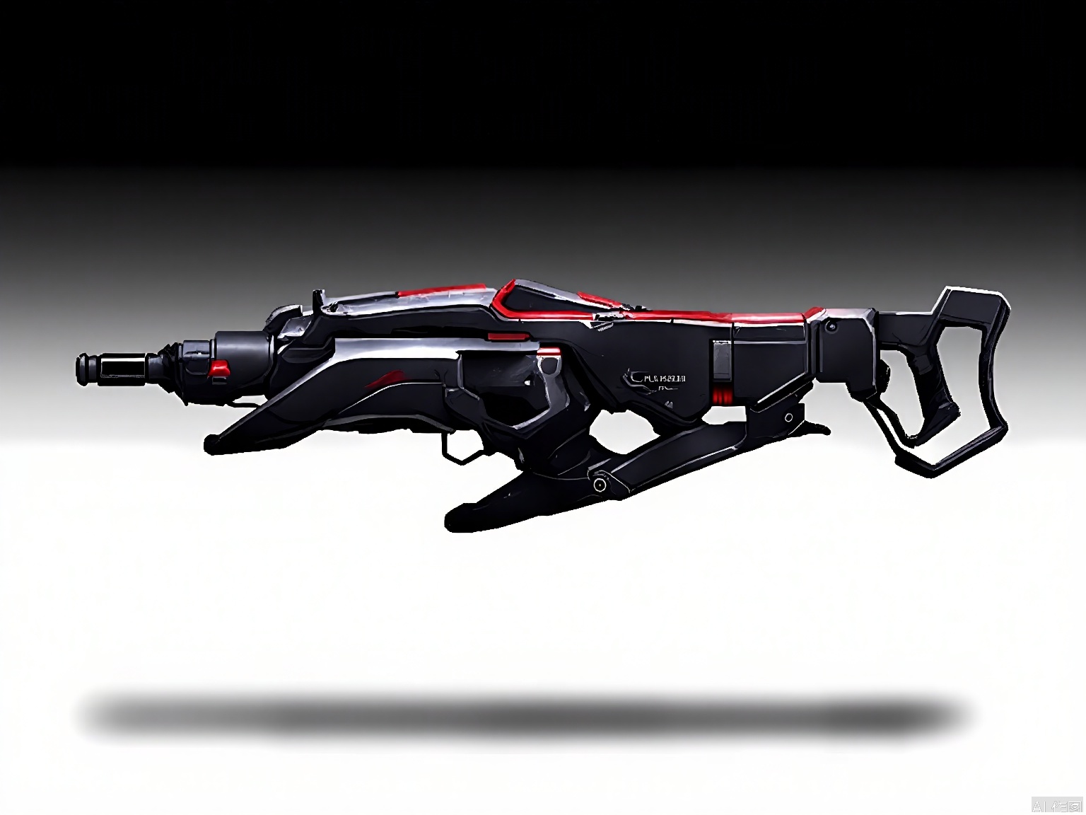 QXL, Photograph of a futuristic, high-tech assault rifle with a sleek, angular design. The rifle features a matte black finish with red accents and has a large, prominent magazine on the side. The stock is ergonomic with a grip that appears to be made of a durable material. The barrel is long and slightly curved, indicating a high muzzle velocity. The background is a gradient from white to gray, giving the image a clean, modern look. The rifle is centered in the frame, with a slight shadow beneath it. The design is reminiscent of sci-fi weaponry.