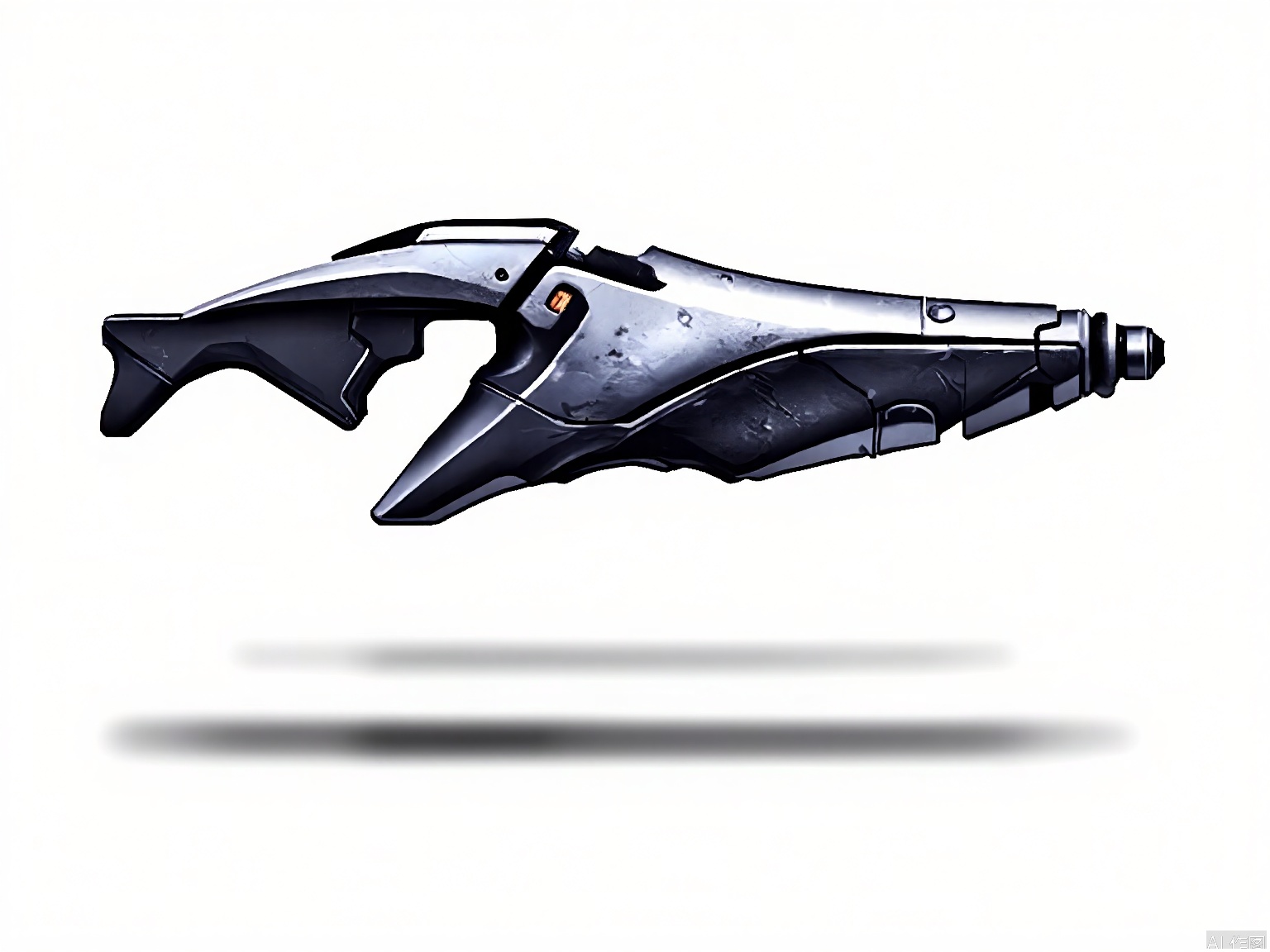 QXL, Digital art of a futuristic, high-tech firearm, resembling a cross between a pistol and a rifle, with a sleek, metallic design. The weapon has a silver and black color scheme, with a prominent black grip and a silver barrel. There are intricate details and textures on the surface, giving it a polished, industrial appearance. The background is a simple gradient from light grey to white, with a subtle shadow beneath the weapon, suggesting it is hovering or floating. The style is clean and modern, with a focus on mechanical elegance and advanced technology.