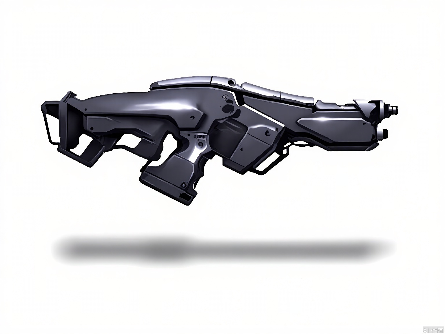 QXL, A detailed, realistic digital drawing of a futuristic, high-tech assault rifle. The weapon features a sleek, angular design with a large, cylindrical barrel and a complex, compartmentalized body. The rifle has a large magazine on the right side and a stock with a built-in scope. The color scheme is primarily metallic grey with black accents. The background is a plain, light grey. The style is highly detailed and realistic, with a focus on mechanical and industrial elements.