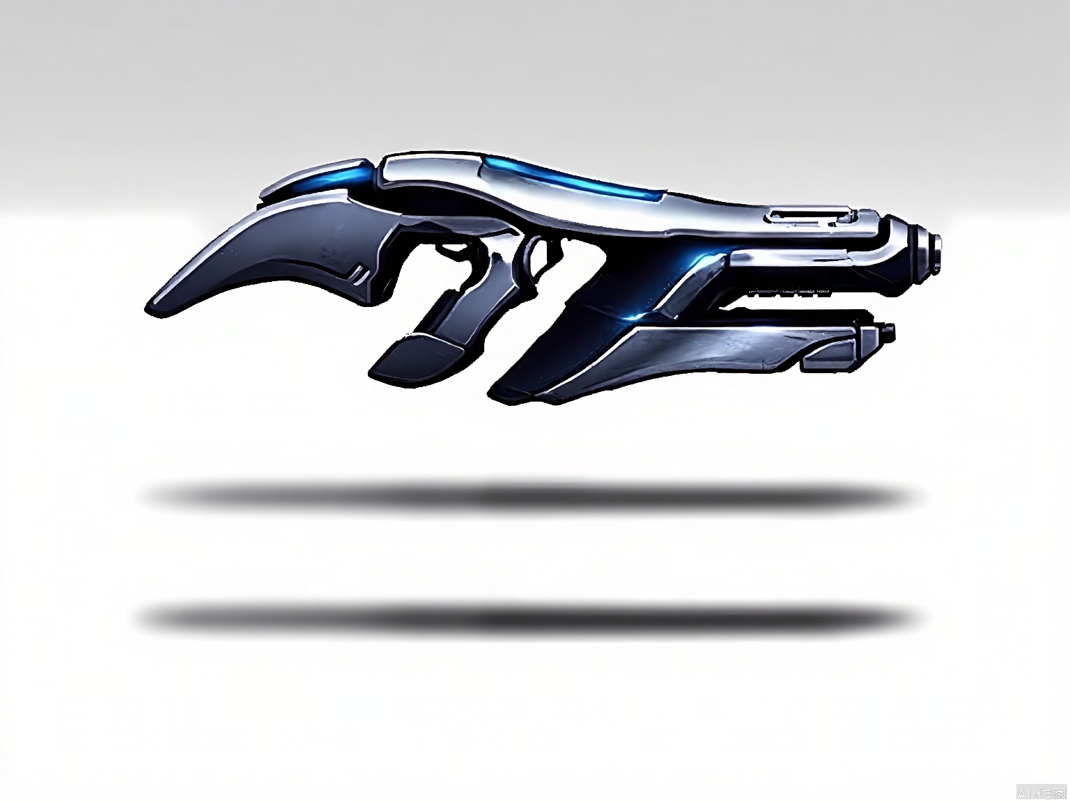 QXL, Digital artwork of a futuristic, high-tech handgun with a sleek, metallic design. The gun features a silver and black color scheme with blue accents. The grip is ergonomic with a textured black handle. The weapon has a slide and a magazine well. The background is a gradient of grey to white, giving a sense of depth. The gun is positioned horizontally, showing the side view. The image is clean and detailed, with a focus on the weapon's design and functionality.