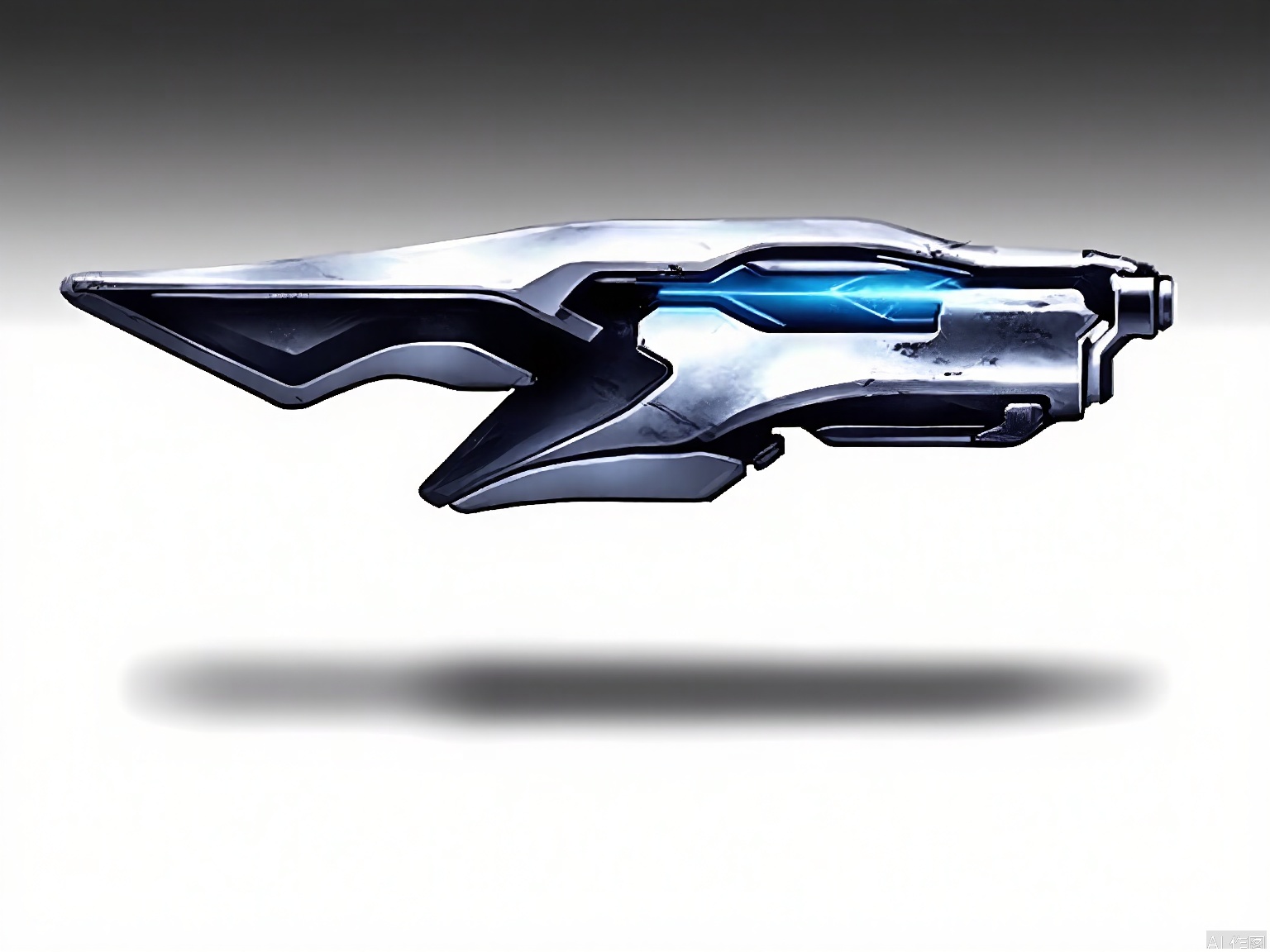 QXL, Photograph of a futuristic, metallic handgun with a sleek, angular design. The gun features a blue glowing light along its length, adding a sci-fi aesthetic. The background is a gradient from dark gray to white, with a subtle shadow effect beneath the gun. The weapon is angled slightly to the right, with the handle on the left side. The design is highly stylized and polished, suggesting a high-tech, advanced weapon.