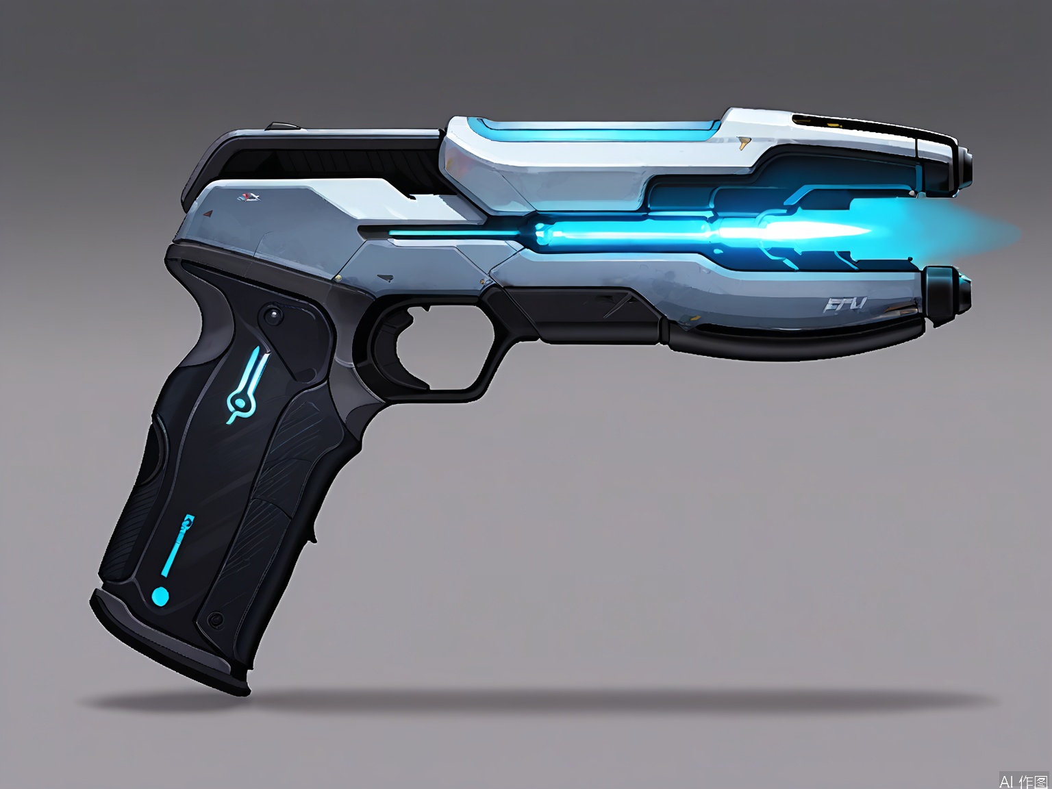 QXL, Photograph of a futuristic, metallic handgun with a sleek, angular design. The gun features a blue glowing light along its length, adding a sci-fi aesthetic. The background is a gradient from dark gray to white, with a subtle shadow effect beneath the gun. The weapon is angled slightly to the right, with the handle on the left side. The design is highly stylized and polished, suggesting a high-tech, advanced weapon.
