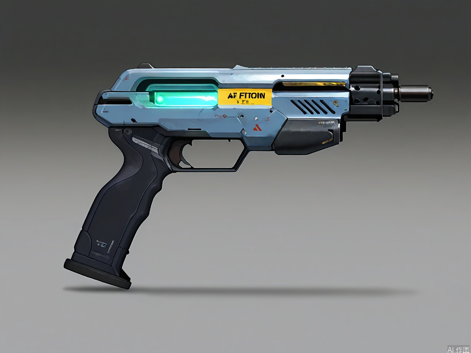 QXL, Photograph of a futuristic, high-tech gun with a sleek, metallic design. The gun has a dark grey color with black accents and a yellow and black caution stripe on the side. It features a textured grip with ergonomic contours and a trigger mechanism. The barrel is prominently displayed with a glowing green light near the trigger. The background is a gradient of grey, giving a sense of depth. The gun is designed with a modern, sci-fi aesthetic, and the "Thunder 1000" label is visible on the side.
