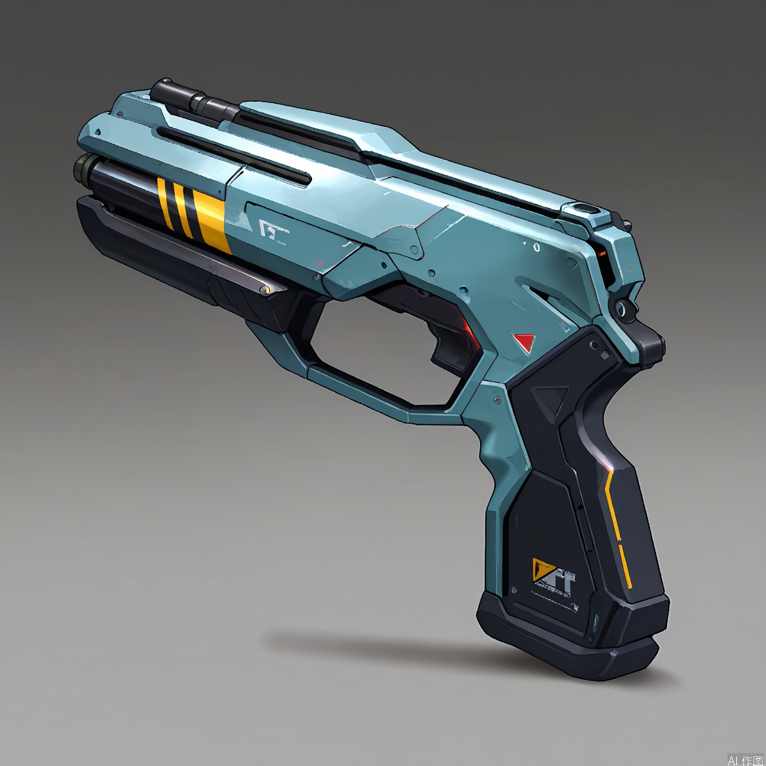 QXL, Photograph of a futuristic, high-tech gun with a sleek, metallic design. The gun has a dark grey color with black accents and a yellow and black caution stripe on the side. It features a textured grip with ergonomic contours and a trigger mechanism. The barrel is prominently displayed with a glowing green light near the trigger. The background is a gradient of grey, giving a sense of depth. The gun is designed with a modern, sci-fi aesthetic, and the "Thunder 1000" label is visible on the side.
