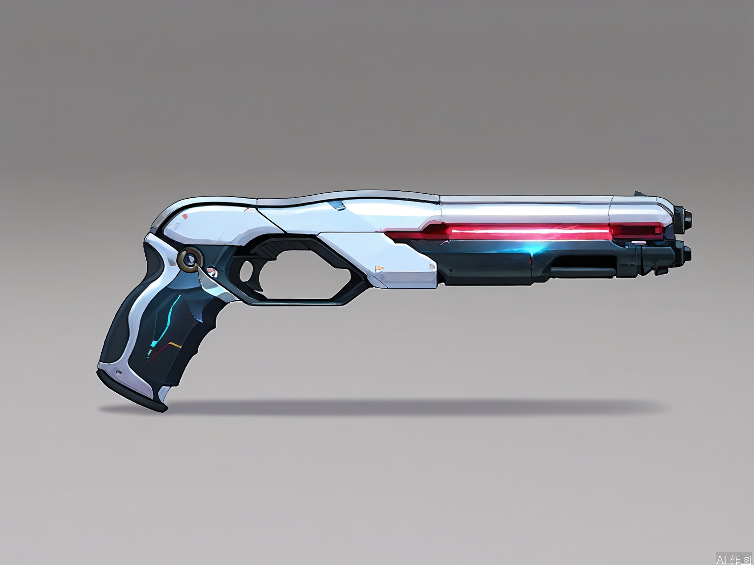 QXL, A high-quality digital illustration of a futuristic, sci-fi weapon, resembling a handgun. The weapon has a sleek, metallic design with a black grip and silver accents. It features a long barrel with a red tip, suggesting it's a laser or energy-based weapon. The background is a gradient from light grey to white, giving a sense of depth. The image has a smooth, polished look with a shadow underneath the weapon. The weapon is angled slightly to the right, showing off its design.
