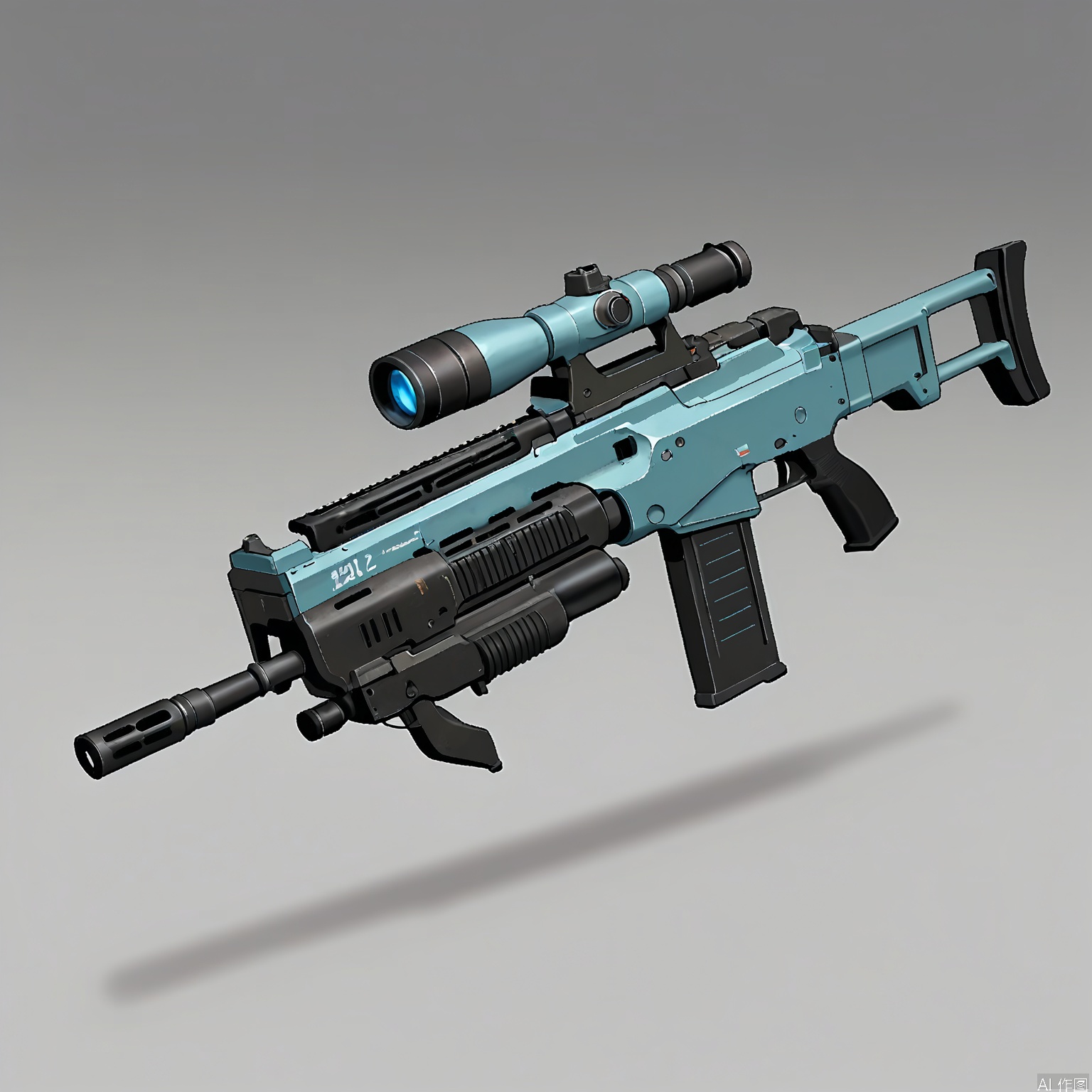 QXL, A detailed, realistic digital drawing of a futuristic, high-tech assault rifle. The weapon features a sleek, angular design with a large, cylindrical barrel and a complex, compartmentalized body. The rifle has a large magazine on the right side and a stock with a built-in scope. The color scheme is primarily metallic grey with black accents. The background is a plain, light grey. The style is highly detailed and realistic, with a focus on mechanical and industrial elements.
