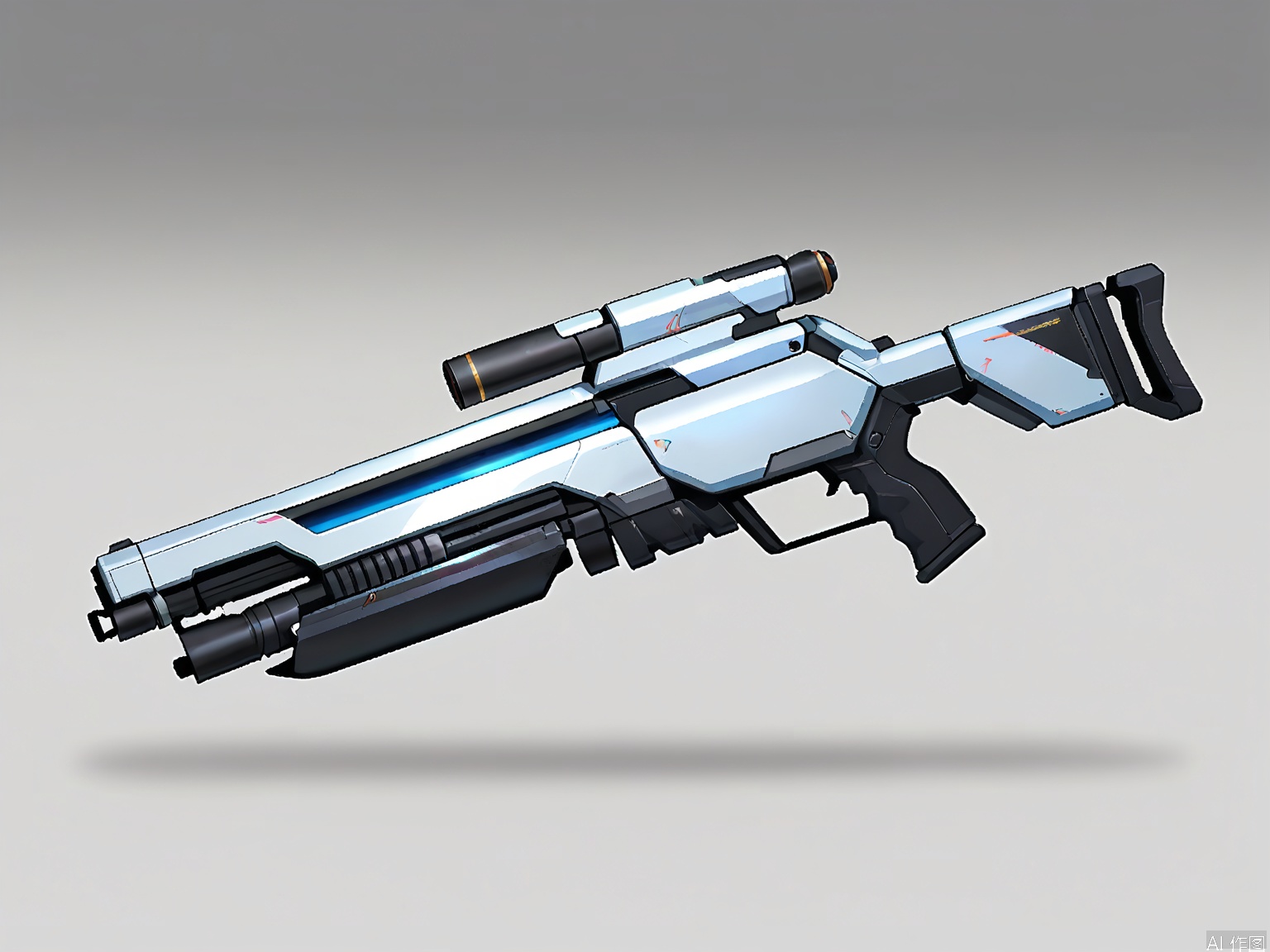 QXL, Digital art of a futuristic, high-tech firearm, resembling a cross between a pistol and a rifle, with a sleek, metallic design. The weapon has a silver and black color scheme, with a prominent black grip and a silver barrel. There are intricate details and textures on the surface, giving it a polished, industrial appearance. The background is a simple gradient from light grey to white, with a subtle shadow beneath the weapon, suggesting it is hovering or floating. The style is clean and modern, with a focus on mechanical elegance and advanced technology.
