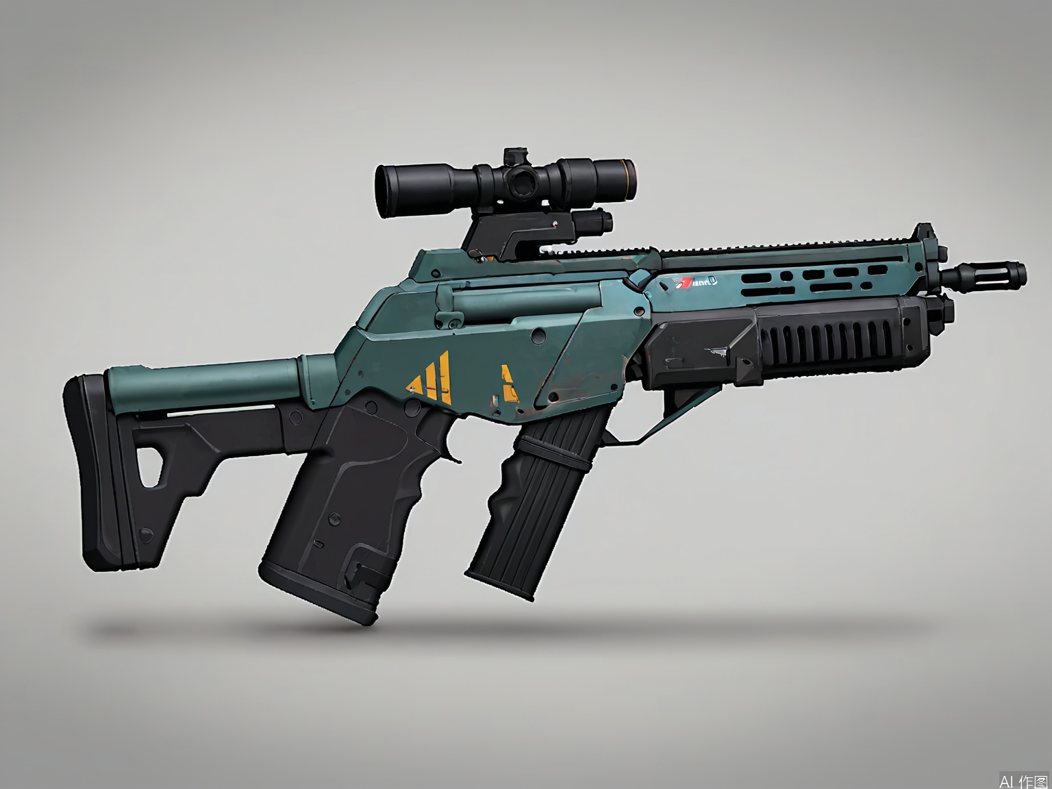 QXL, A detailed, realistic digital drawing of a futuristic, high-tech assault rifle. The weapon features a sleek, angular design with a large, cylindrical barrel and a complex, compartmentalized body. The rifle has a large magazine on the right side and a stock with a built-in scope. The color scheme is primarily metallic grey with black accents. The background is a plain, light grey. The style is highly detailed and realistic, with a focus on mechanical and industrial elements.
