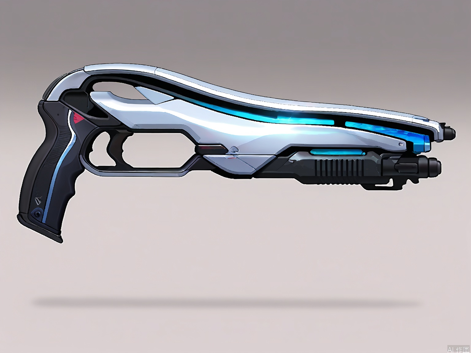 QXL, Digital artwork of a futuristic, high-tech handgun with a sleek, metallic design. The gun features a silver and black color scheme with blue accents. The grip is ergonomic with a textured black handle. The weapon has a slide and a magazine well. The background is a gradient of grey to white, giving a sense of depth. The gun is positioned horizontally, showing the side view. The image is clean and detailed, with a focus on the weapon's design and functionality.
