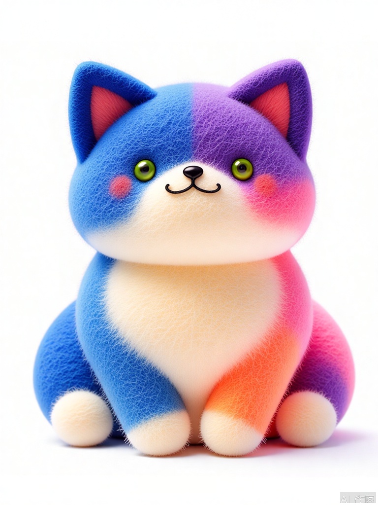 YMZ, a wool felt cat with fur in a whimsical gradient, beginning with deep blue at the head and transitioning through purple, pink, peach, and finally white at the paws. The cat has bright green eyes and a mischievous expression. The white background makes its colors even more striking.
