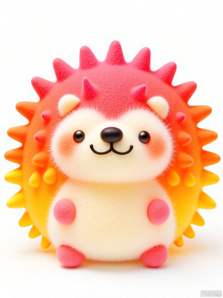 YMZ, a wool felt hedgehog with quills in a playful gradient, starting from bright pink at the nose and fading to coral, orange, tangerine, and finally yellow at the tail. The hedgehog has a creamy white belly and tiny pink paws. Its eyes are black and curious, peeking out from under its spiky quills. The white background makes it pop with color.
