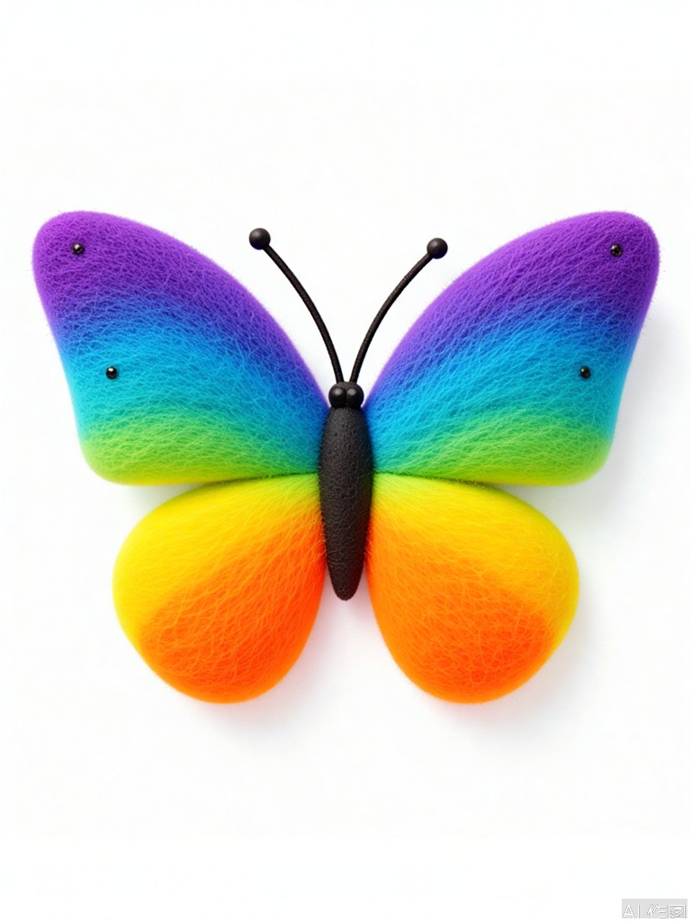 YMZ, a wool felt butterfly with wings in a vibrant gradient, starting from deep purple at the tips and blending through blue, turquoise, green, yellow, and finally orange at the body. The butterfly has delicate black antennae and tiny black eyes. Against the white background, it looks like it's about to take flight.
