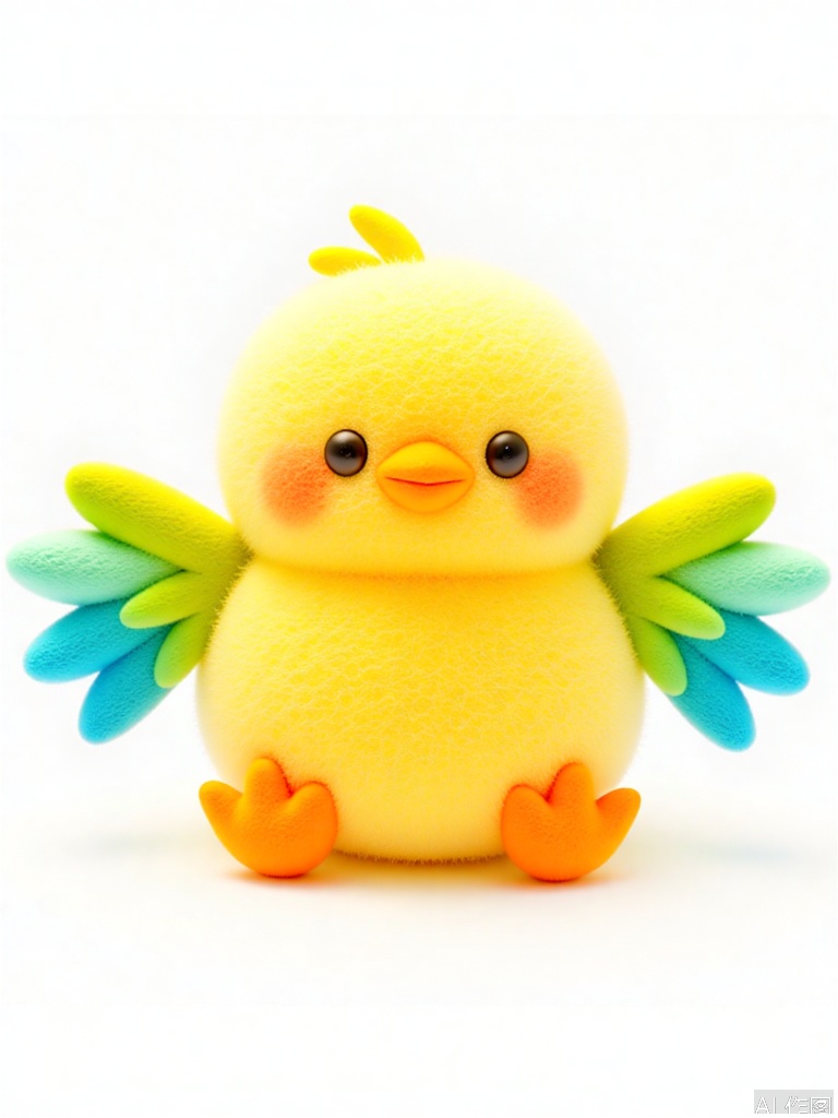 YMZ, a wool felt chick with feathers in a cheerful gradient from bright yellow at the head to lemon, soft green, sky blue, and pastel pink at the wings. The chick has tiny black eyes and an orange beak. Its expression is joyful and full of life, set against the clean white background.
