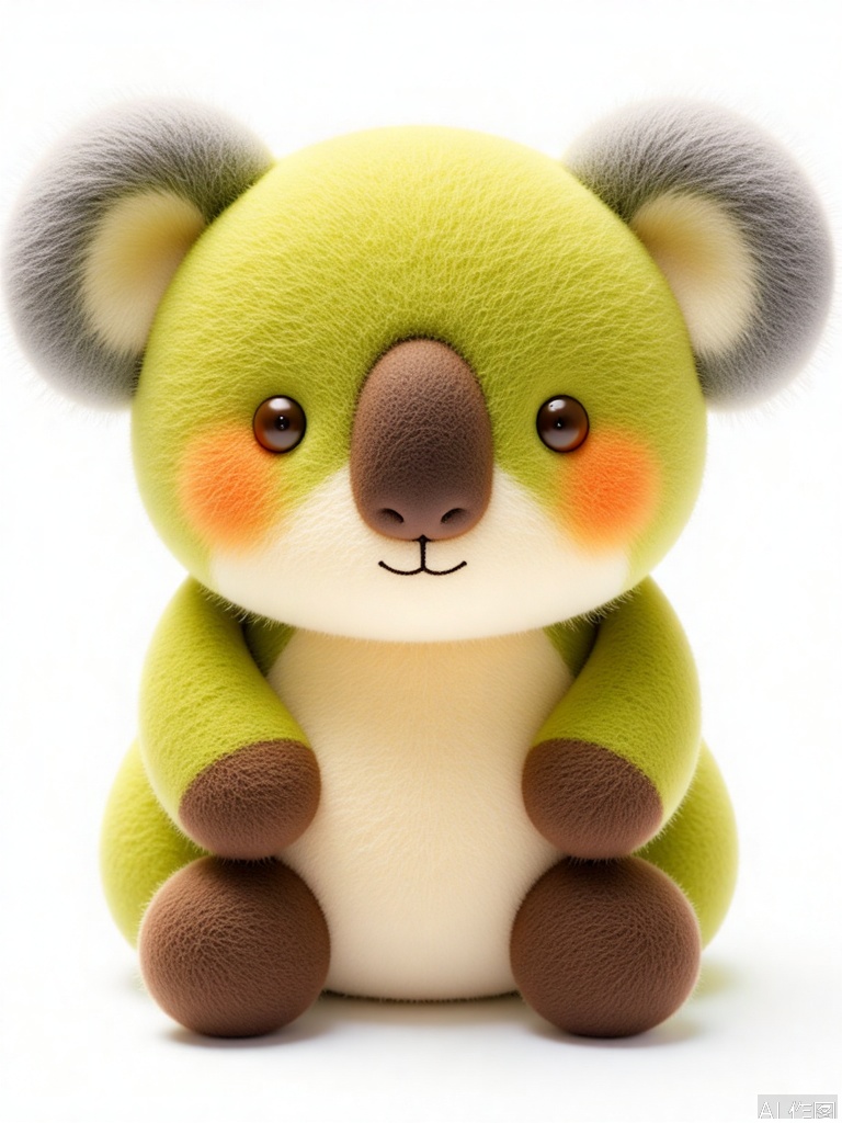 YMZ, a wool felt koala with fur in a gentle gradient from eucalyptus green at the head to moss, khaki, beige, and soft gray at the feet. The koala has a creamy white belly, dark brown paws, and a button nose. Its eyes are deep brown and sleepy, framed by fluffy ears. Against the white background, it looks cuddly and peaceful.
