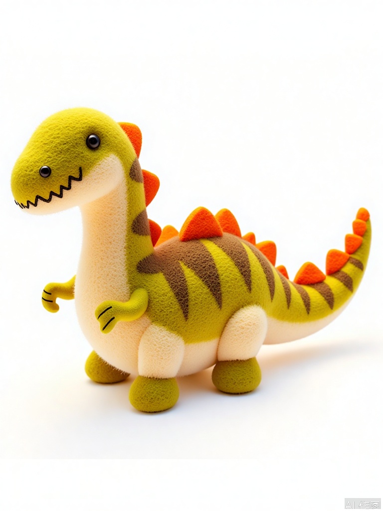 YMZ, a wool felt dinosaur with scales in a prehistoric gradient, starting from mossy green at the head and blending through olive, khaki, sandy beige, and finally a hint of rust at the tail. The dinosaur has small, sharp eyes and a fierce but playful expression. The white background adds to its prehistoric charm.
