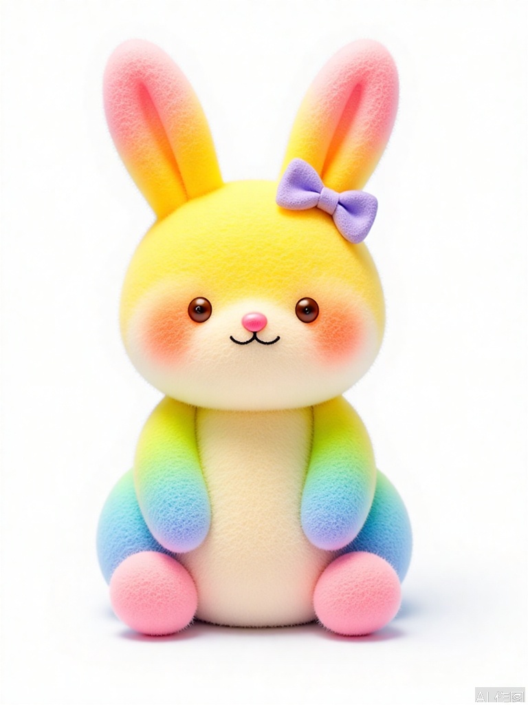 YMZ, a wool felt bunny with a gradient rainbow fur, starting from pink at the top and transitioning through peach, yellow, light green, sky blue, and lavender to the bottom. The bunny has a cream-colored belly, soft pink paws, and a tiny pink nose. Its eyes are dark brown and sparkling, and it wears a small lavender bow on its ear. The background is white, and the bunny sits centered, looking adorable.

